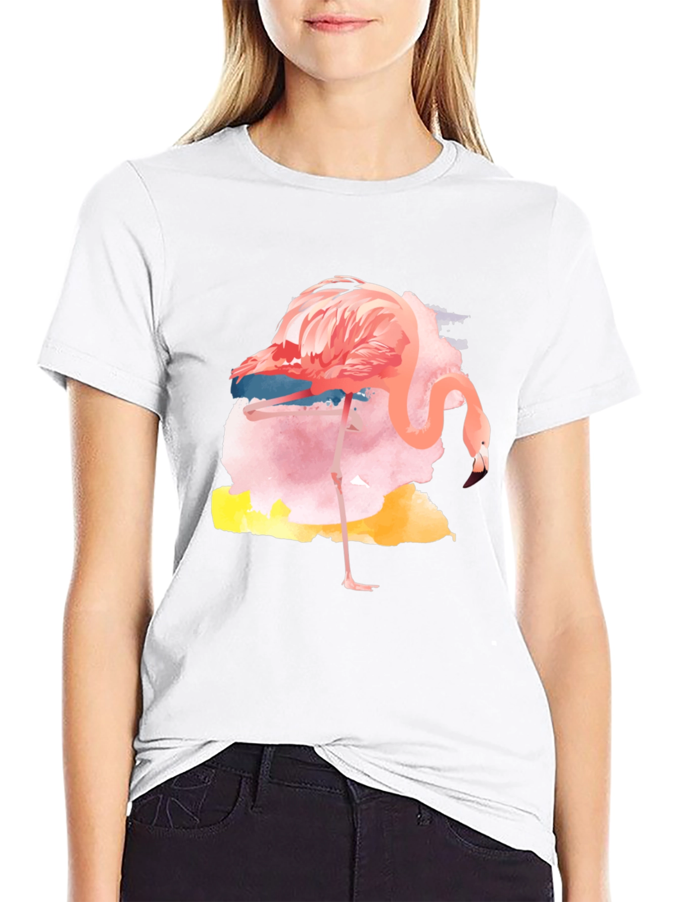 Black Watercolor Flamingo Graphic Tee - Casual Black T-Shirt view 9