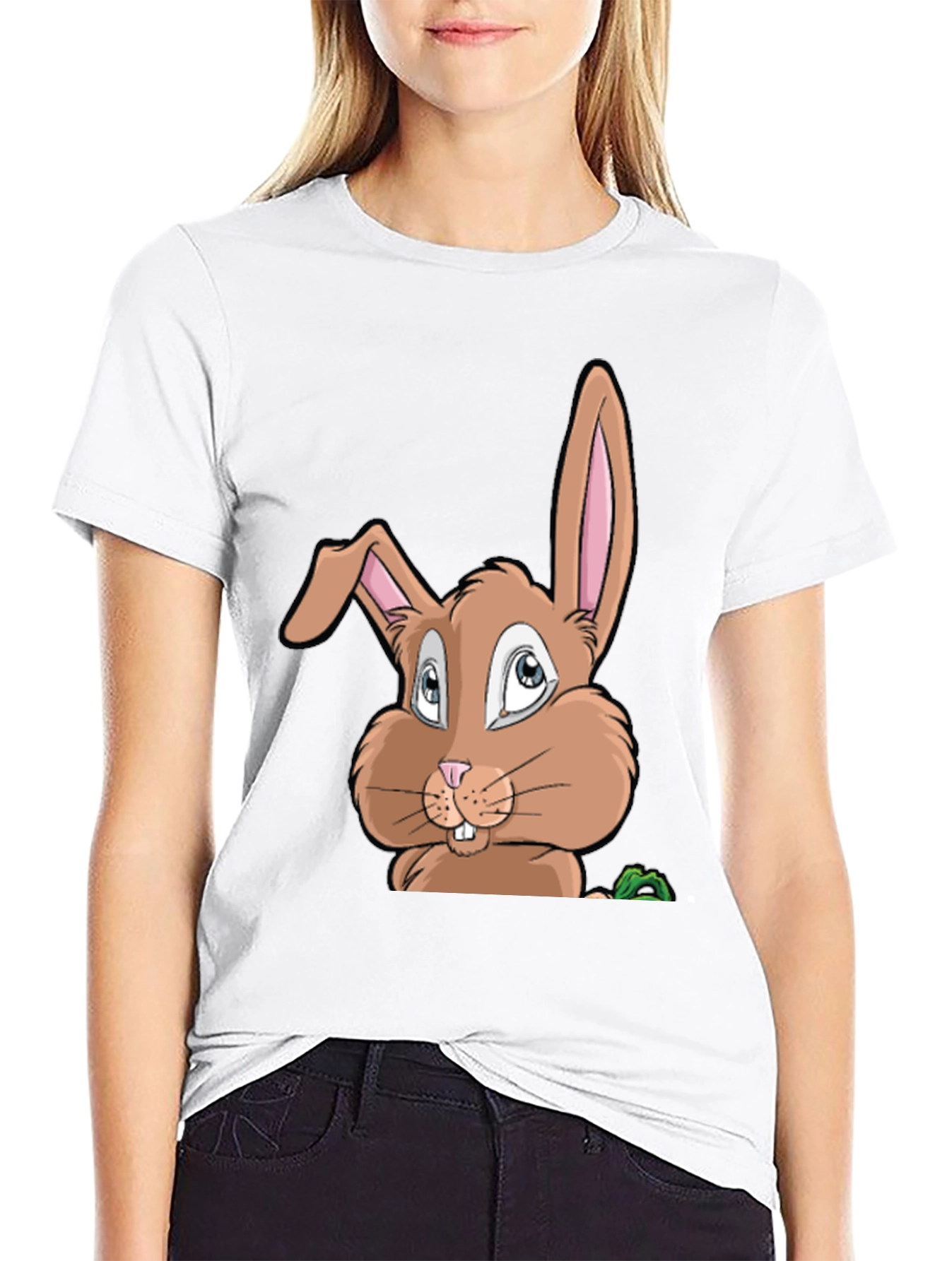 Black Cute Cartoon Bunny Graphic Black T-Shirt view 9
