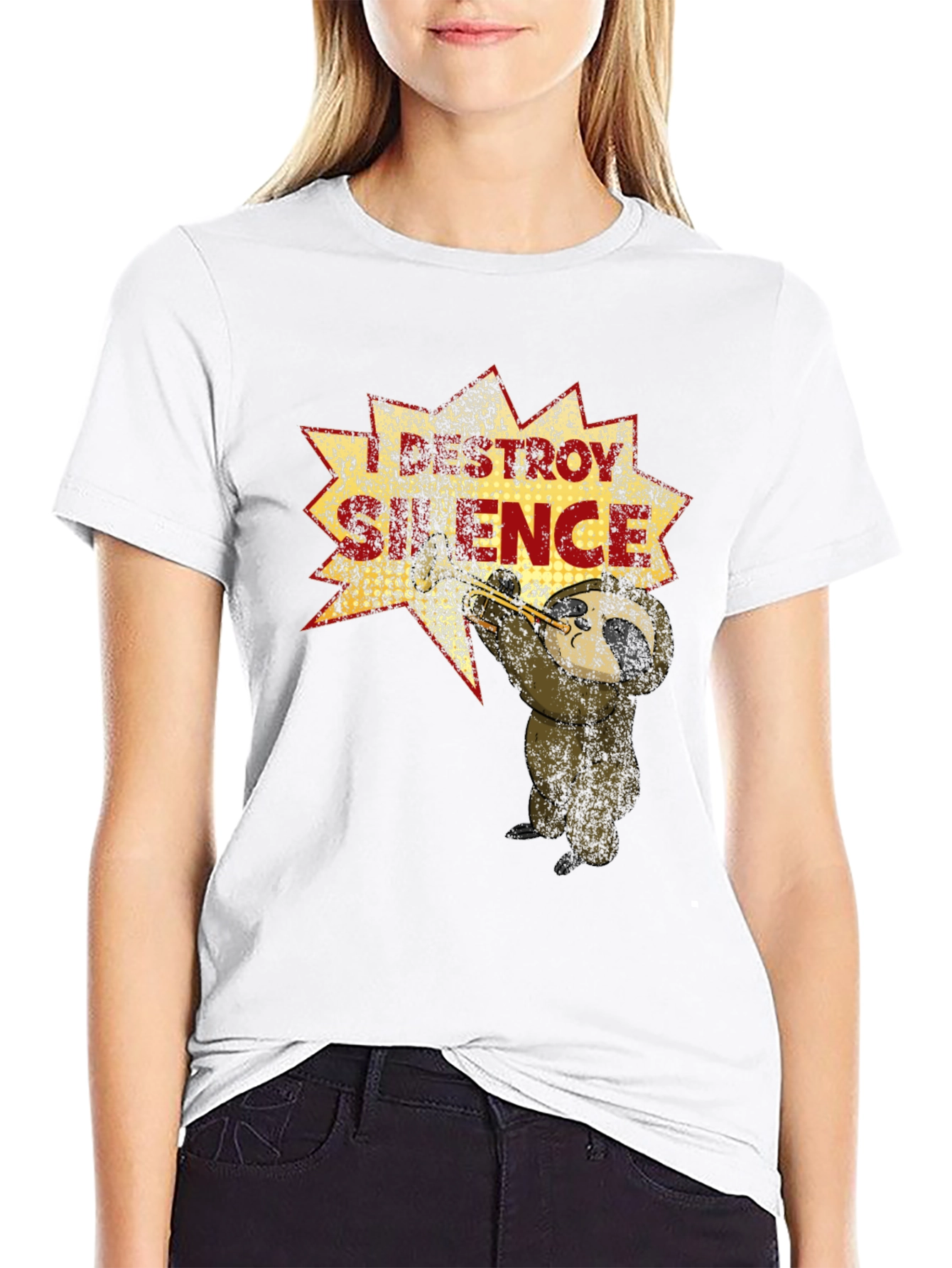 Black I Destroy Silence T-Shirt Funny Sloth Trumpet Tee view 9