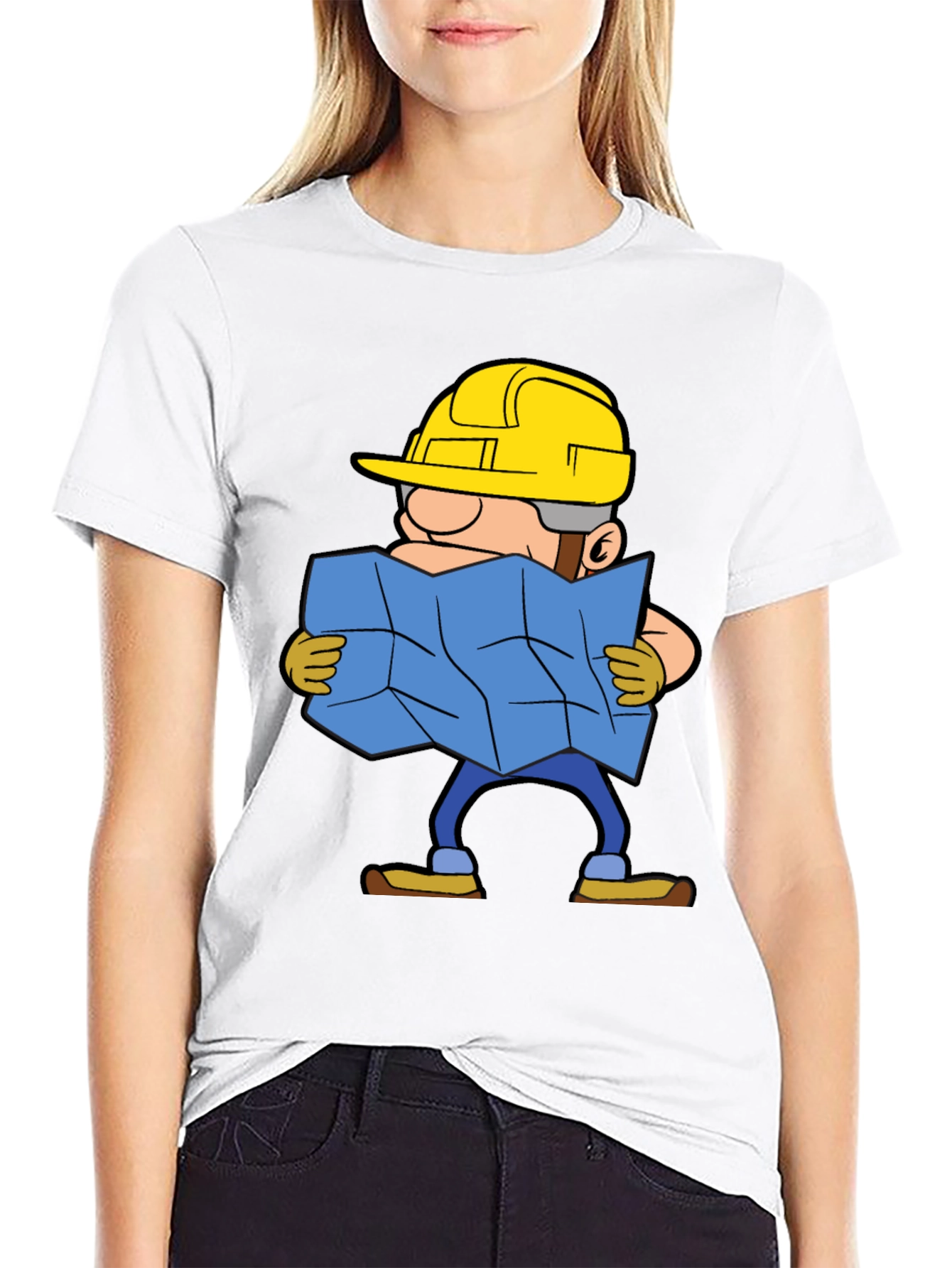 Black Construction Worker Map Cartoon Graphic Tee view 9