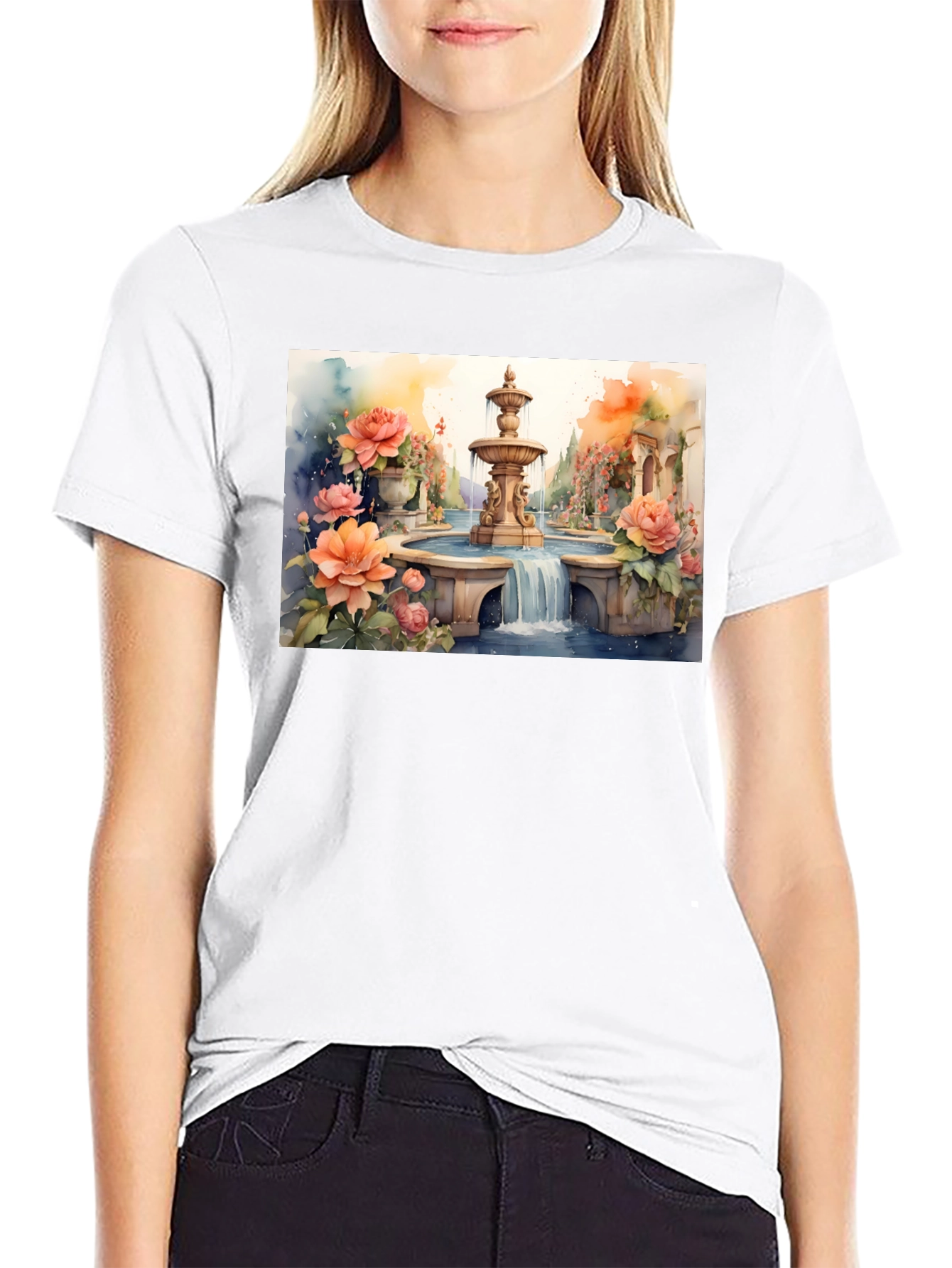 Black Floral Fountain Watercolor Art T-Shirt view 9