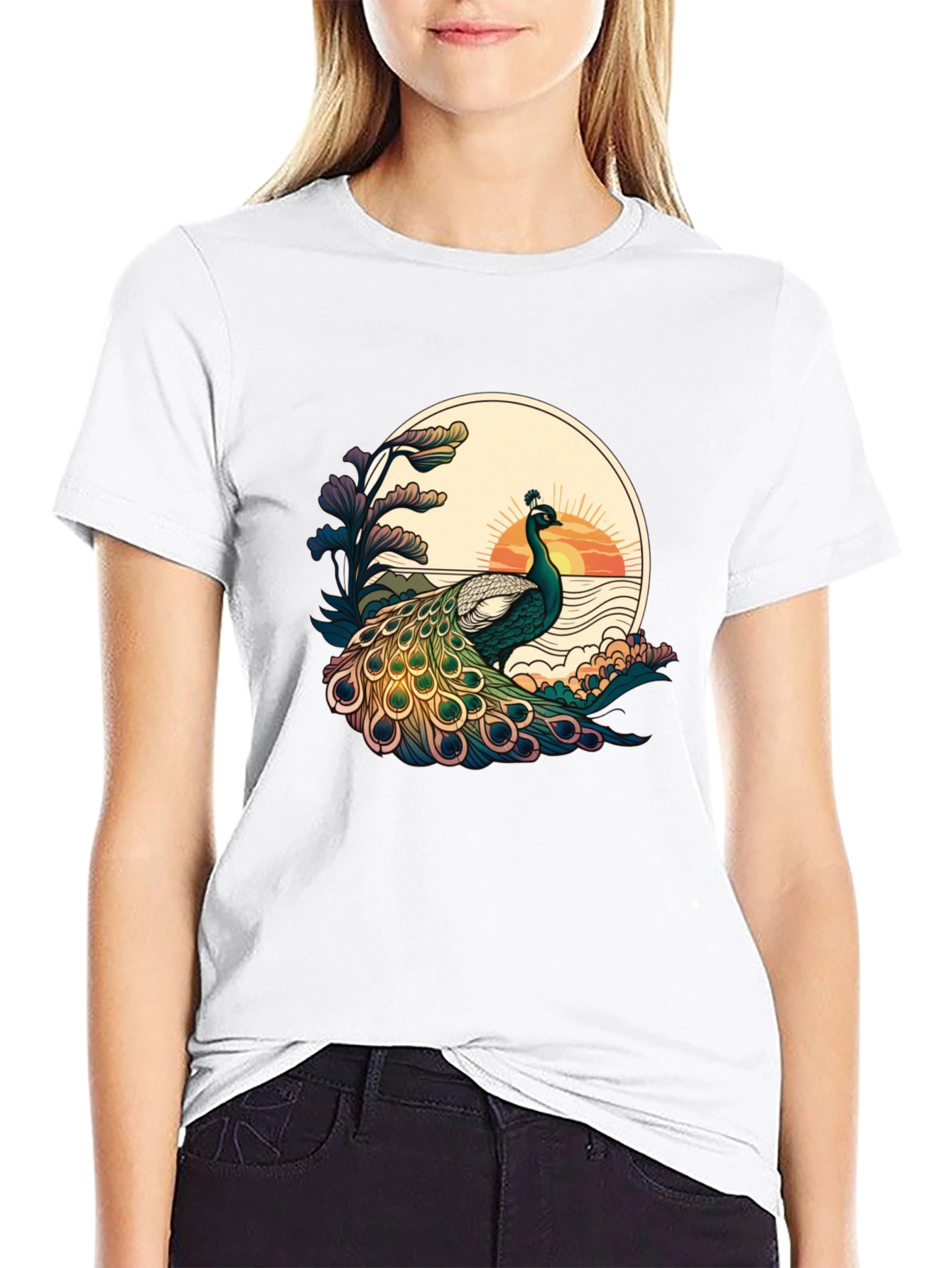 Black Peacock Sunset Graphic Tee - Stylish Black T-Shirt view 9