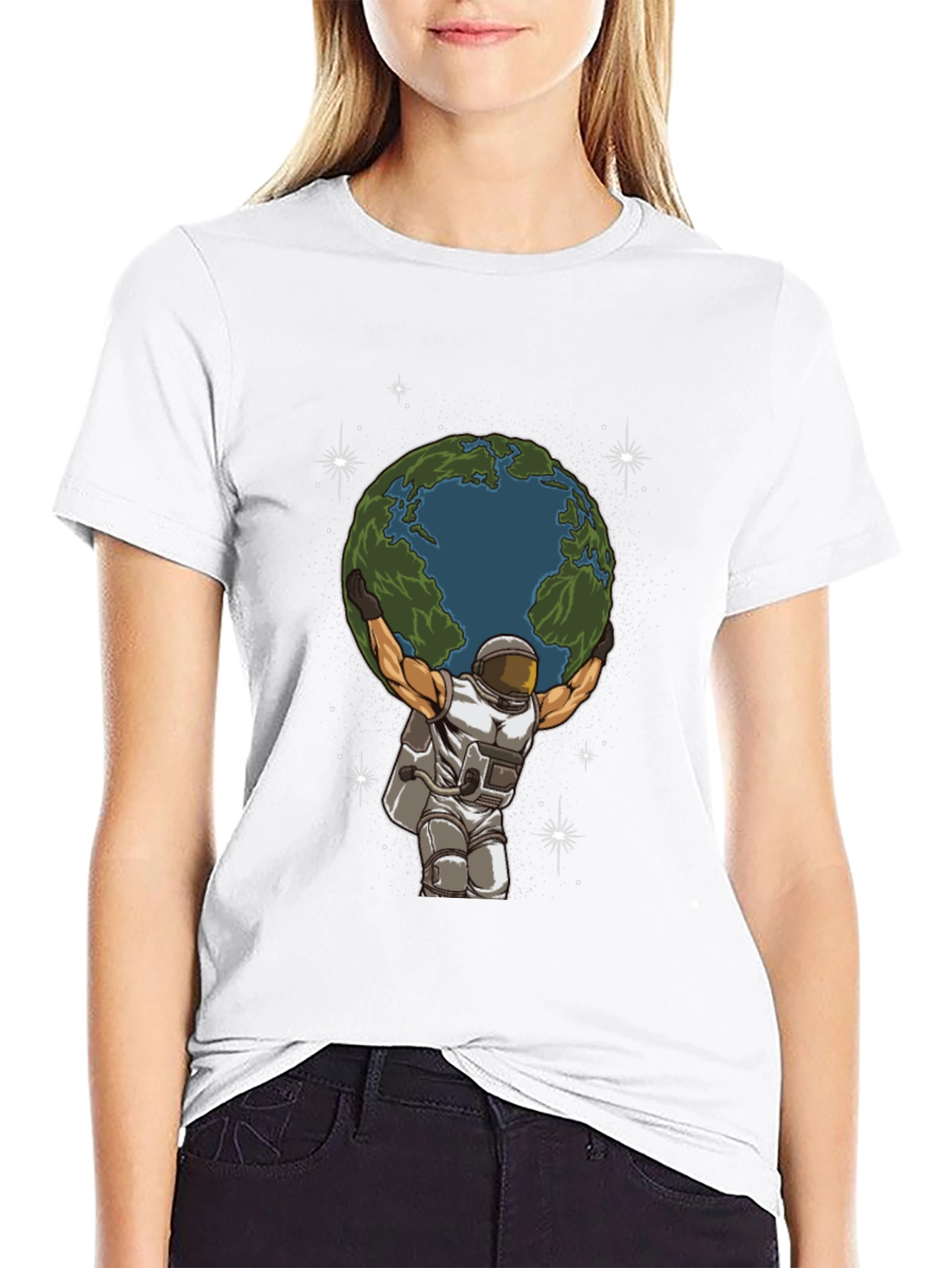 Black Astronaut Earth Lift Graphic Tee - Black Cotton T-Shirt view 9