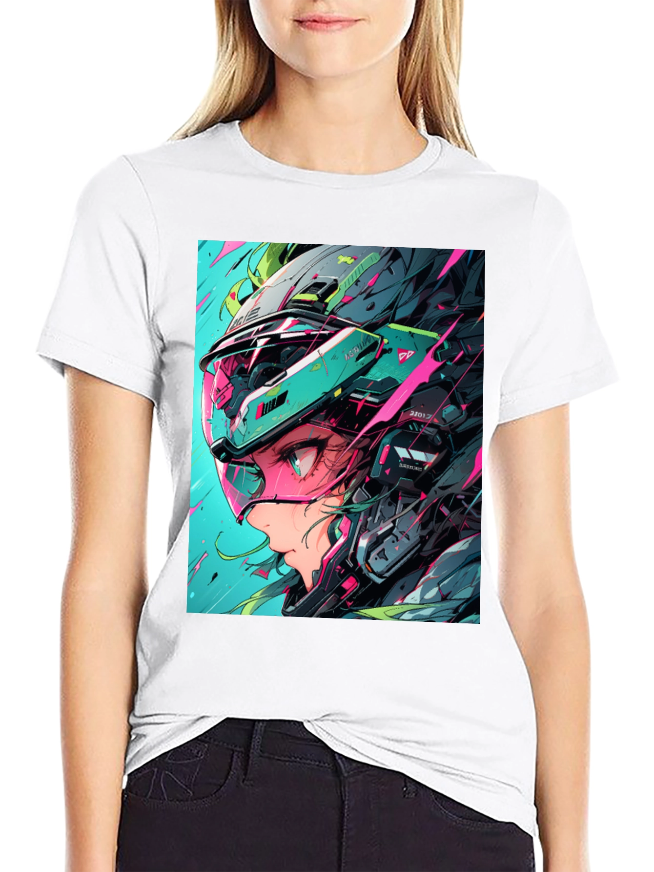 Black Cyberpunk Girl Helmet Graphic Tee view 9