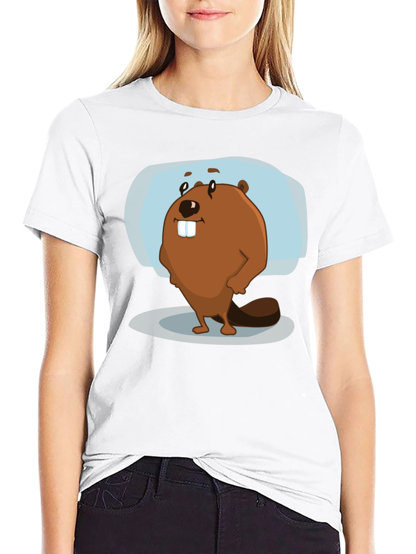 Black Cartoon Beaver Graphic Tee - Black Cotton Blend view 9