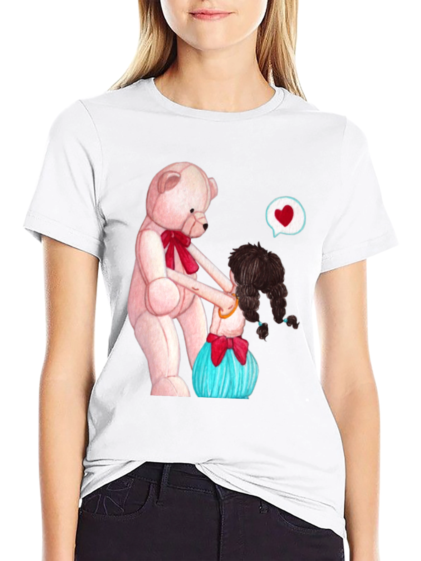 Black Cute Teddy Bear & Girl Black Graphic Tee view 9