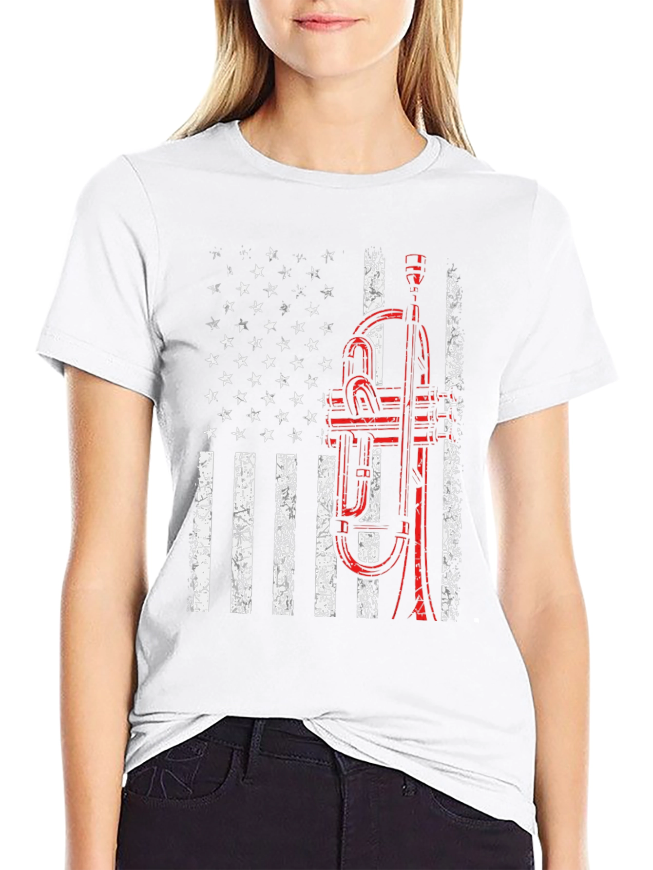 Black American Flag Trumpet T-Shirt view 9