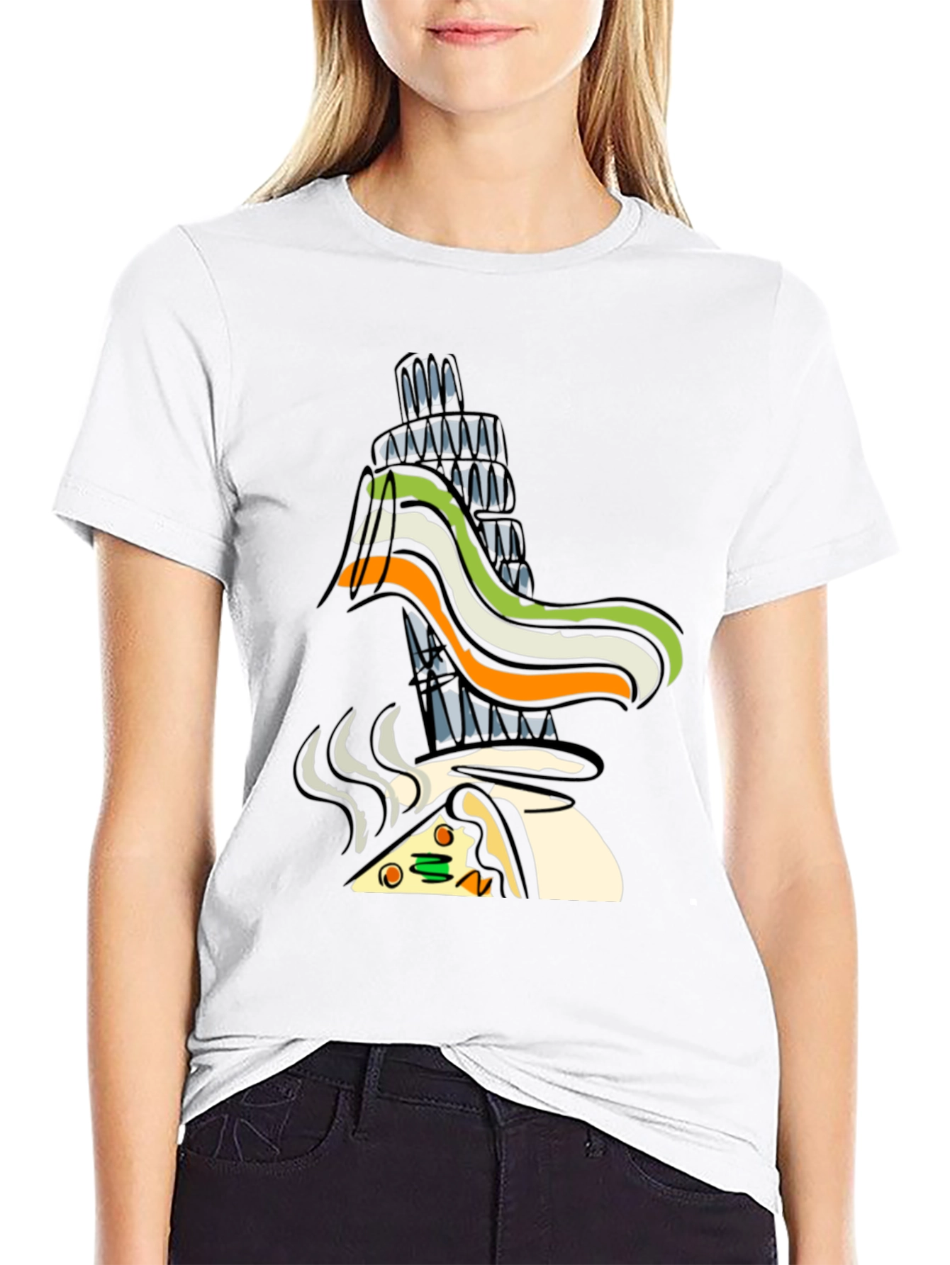 Black Whimsical Pizza & Tower Graphic T-Shirt - Black view 9