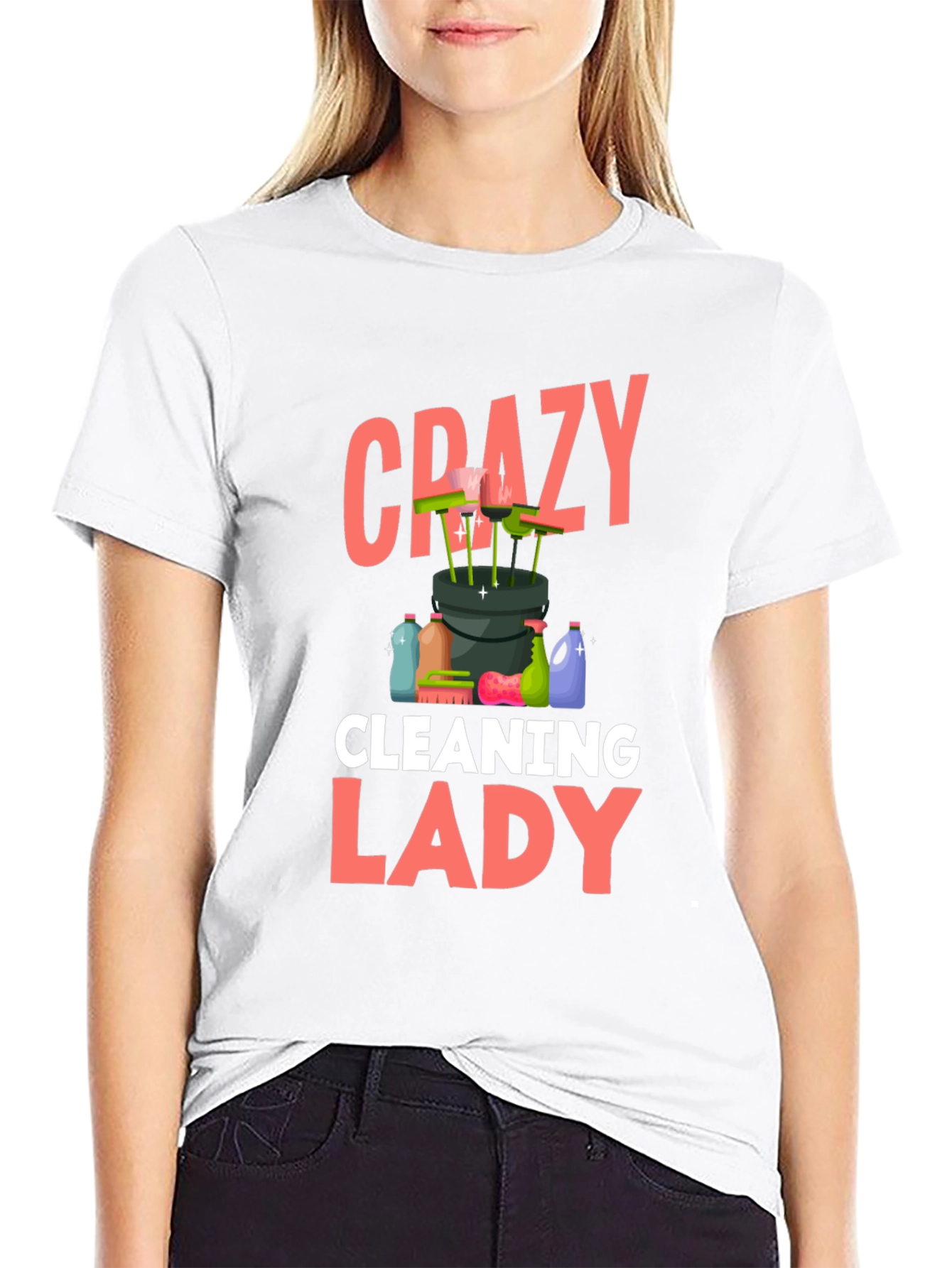 Black Crazy Cleaning Lady T-Shirt - Black Cotton view 9