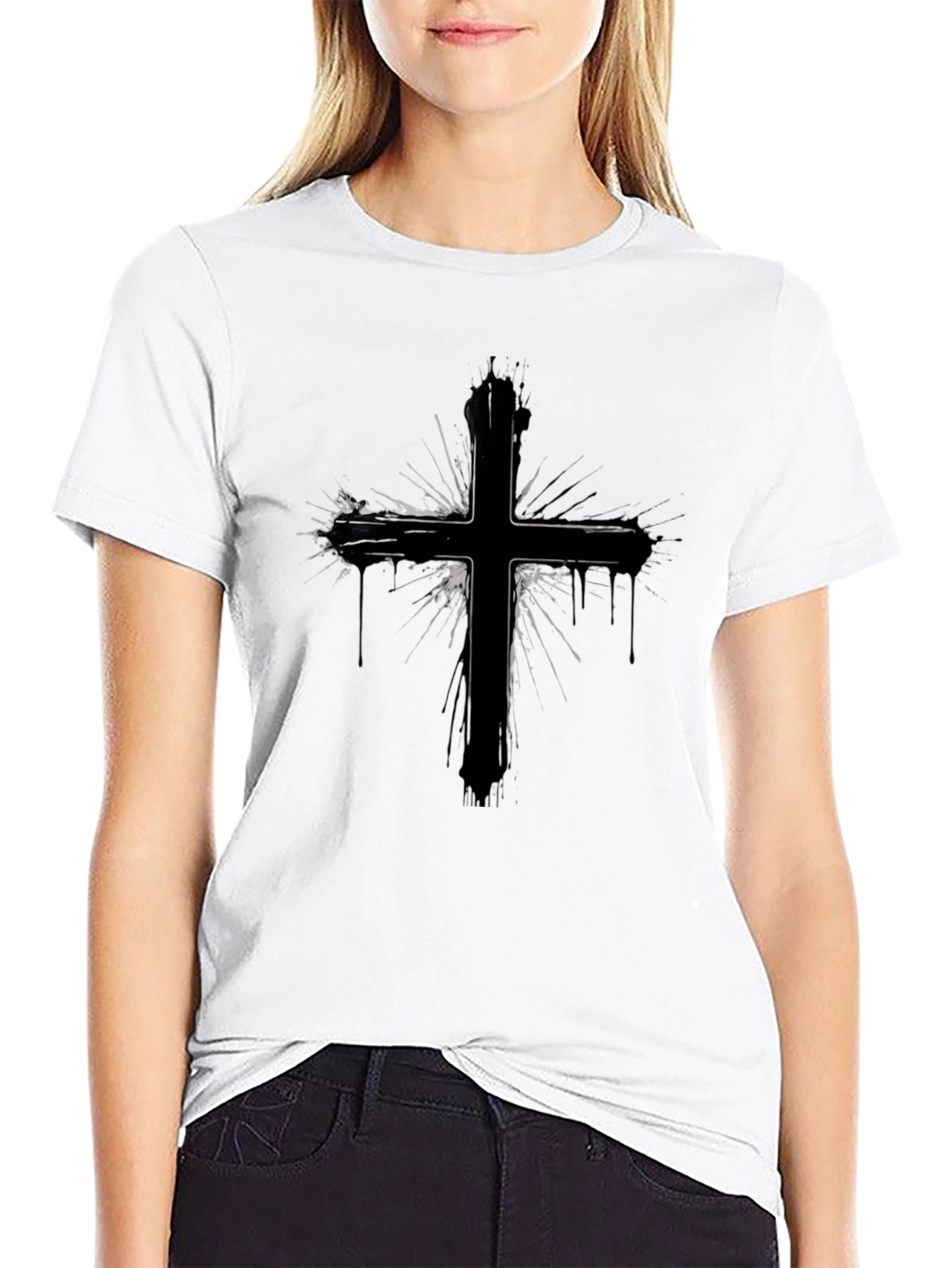 Black Edgy Cross Graphic Tee - Black Cotton Blend view 9