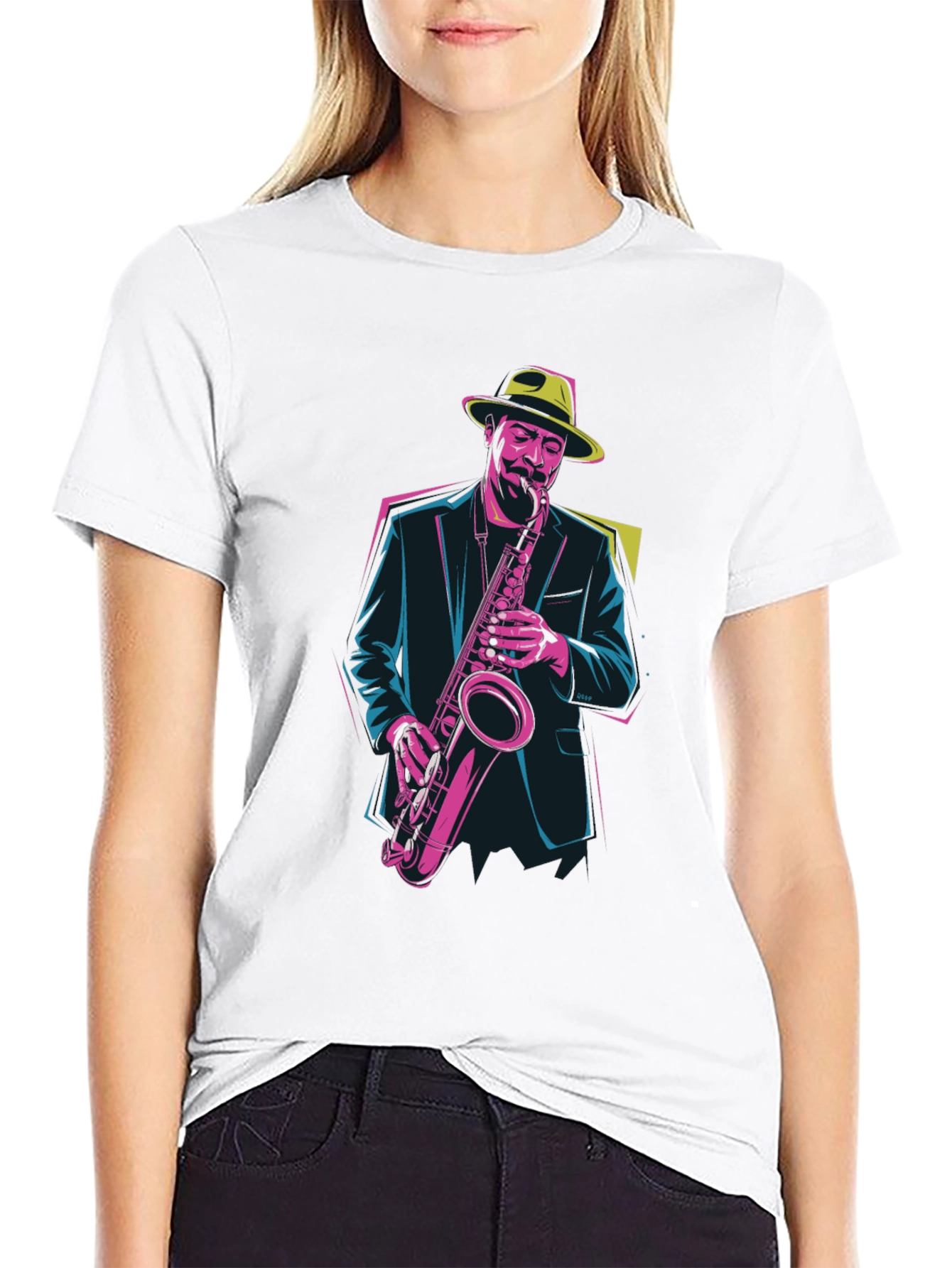 Black Jazz Saxophone Player Graphic Tee view 9