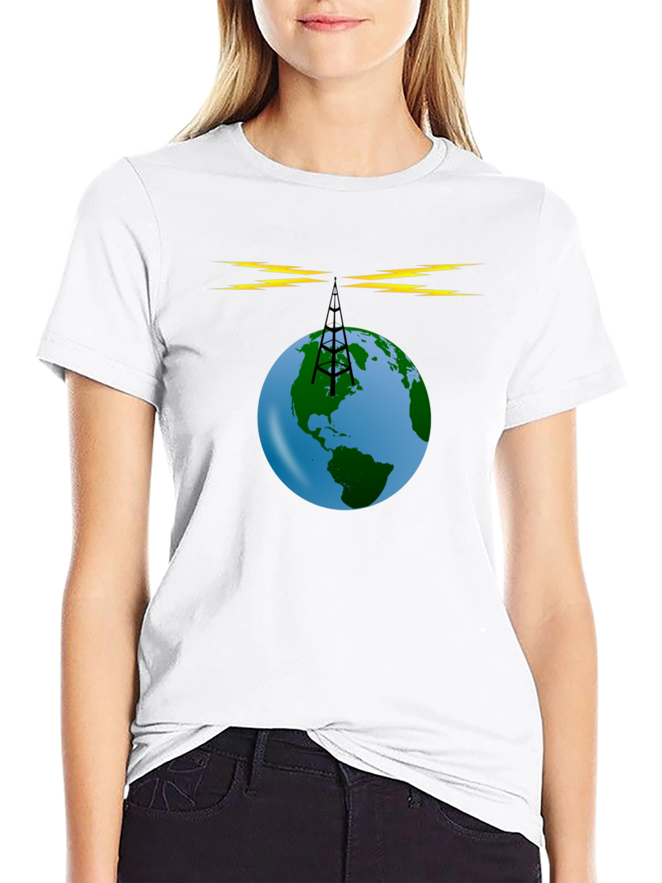Black Global Radio Tower T-Shirt - Earth Broadcast Design view 9