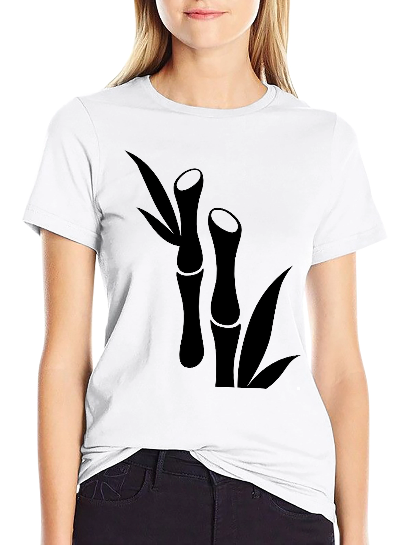 Black Bamboo Print T-Shirt - Black Short Sleeve Casual Tee view 9