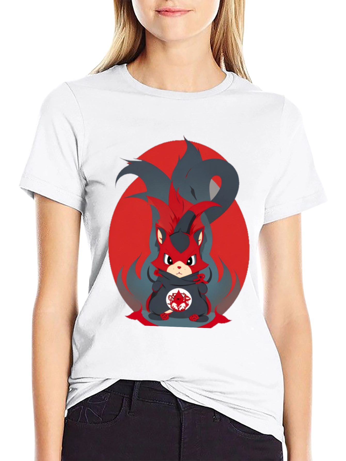 Black Anime Red Fox Graphic Tee - Men's Black T-Shirt view 9