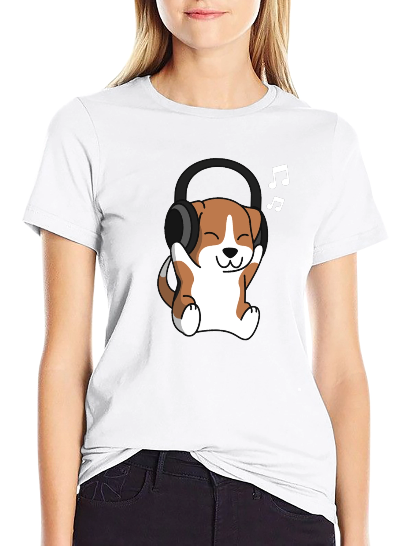 Black Cute Dog with Headphones Black T-Shirt view 9