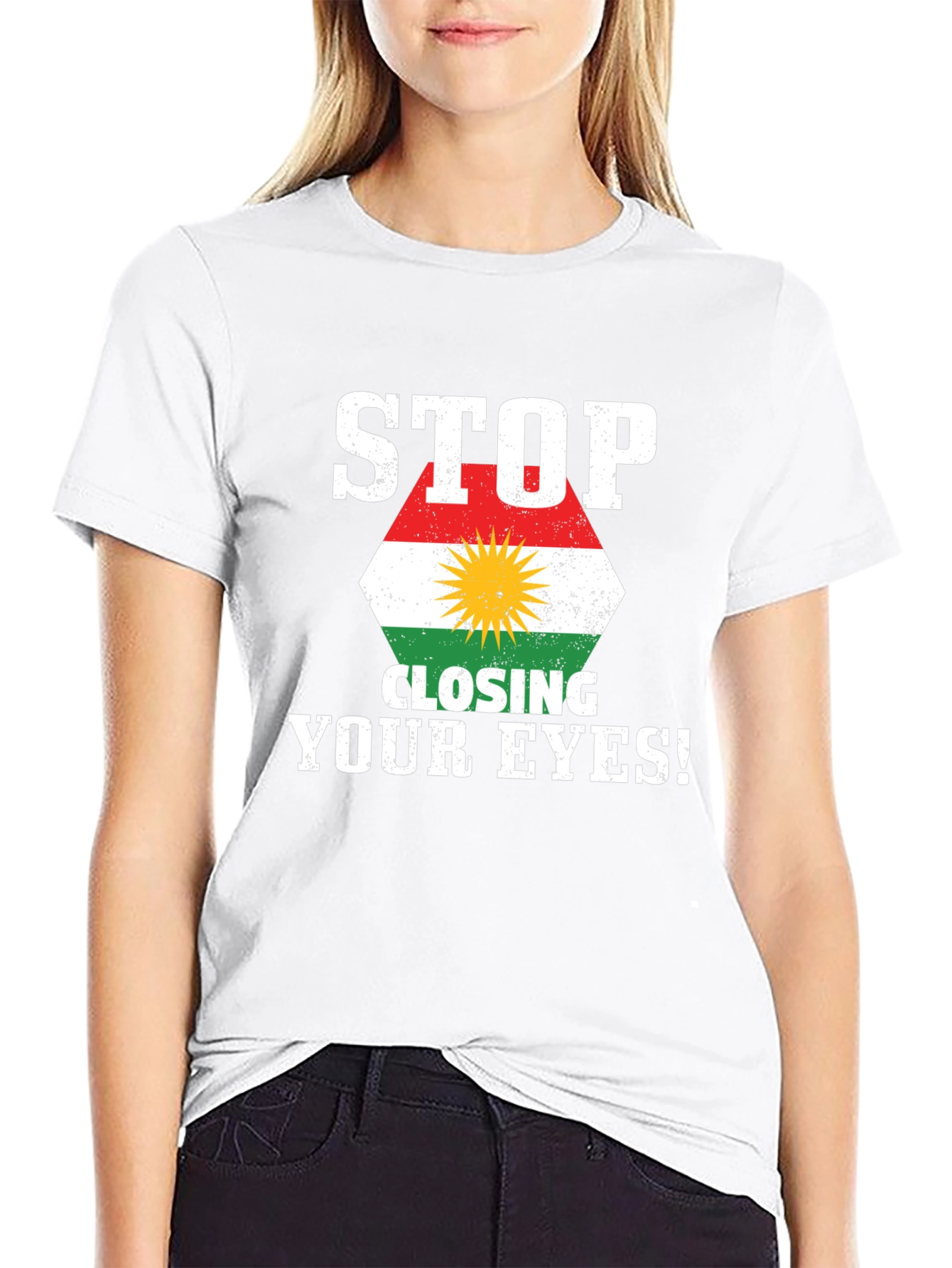 Black Stop Closing Your Eyes Kurdistan Flag T-Shirt view 9