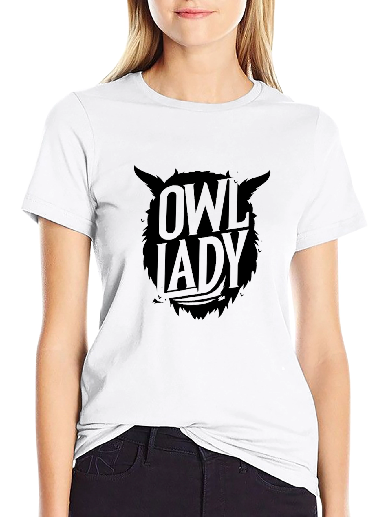 Black Owl Lady Graphic Print Black T-Shirt view 9