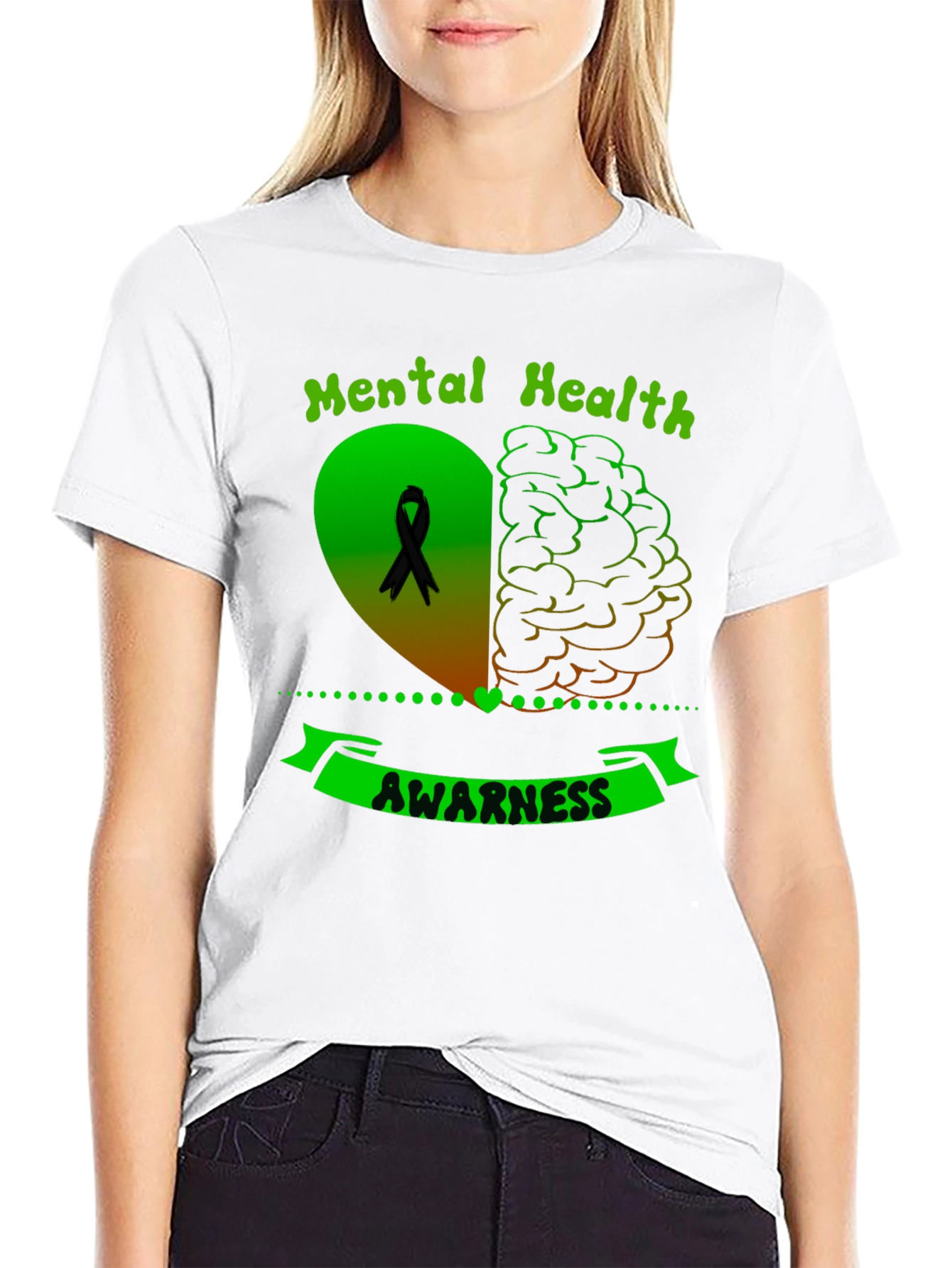Black Mental Health Awareness Ribbon Heart Brain T-Shirt view 9