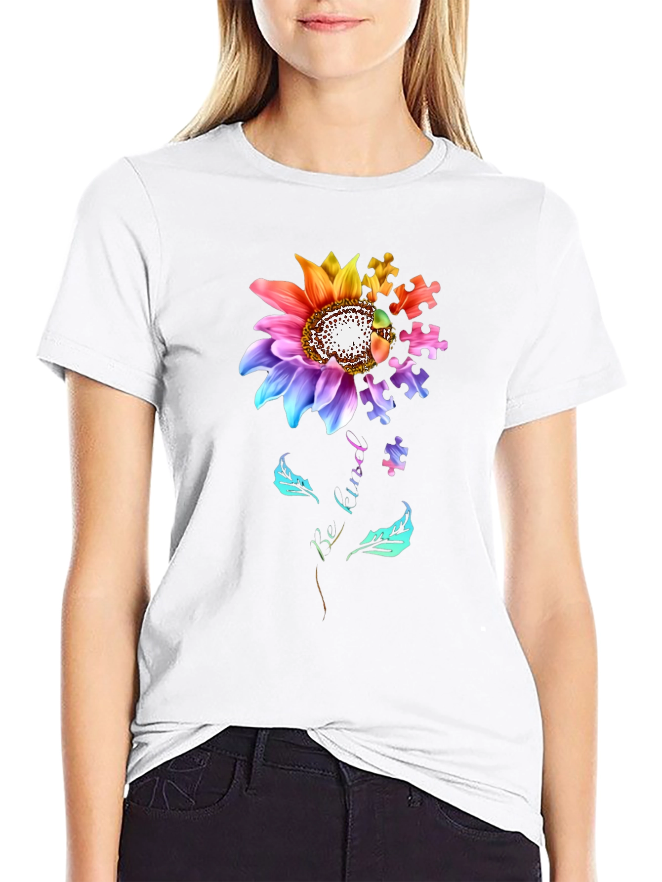 Black Autism Awareness Sunflower Puzzle Piece T-Shirt view 9