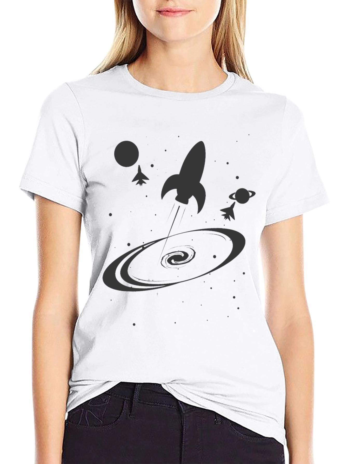 Black Space Rocket Galaxy Graphic Tee - Black Cotton Casual Shirt view 9