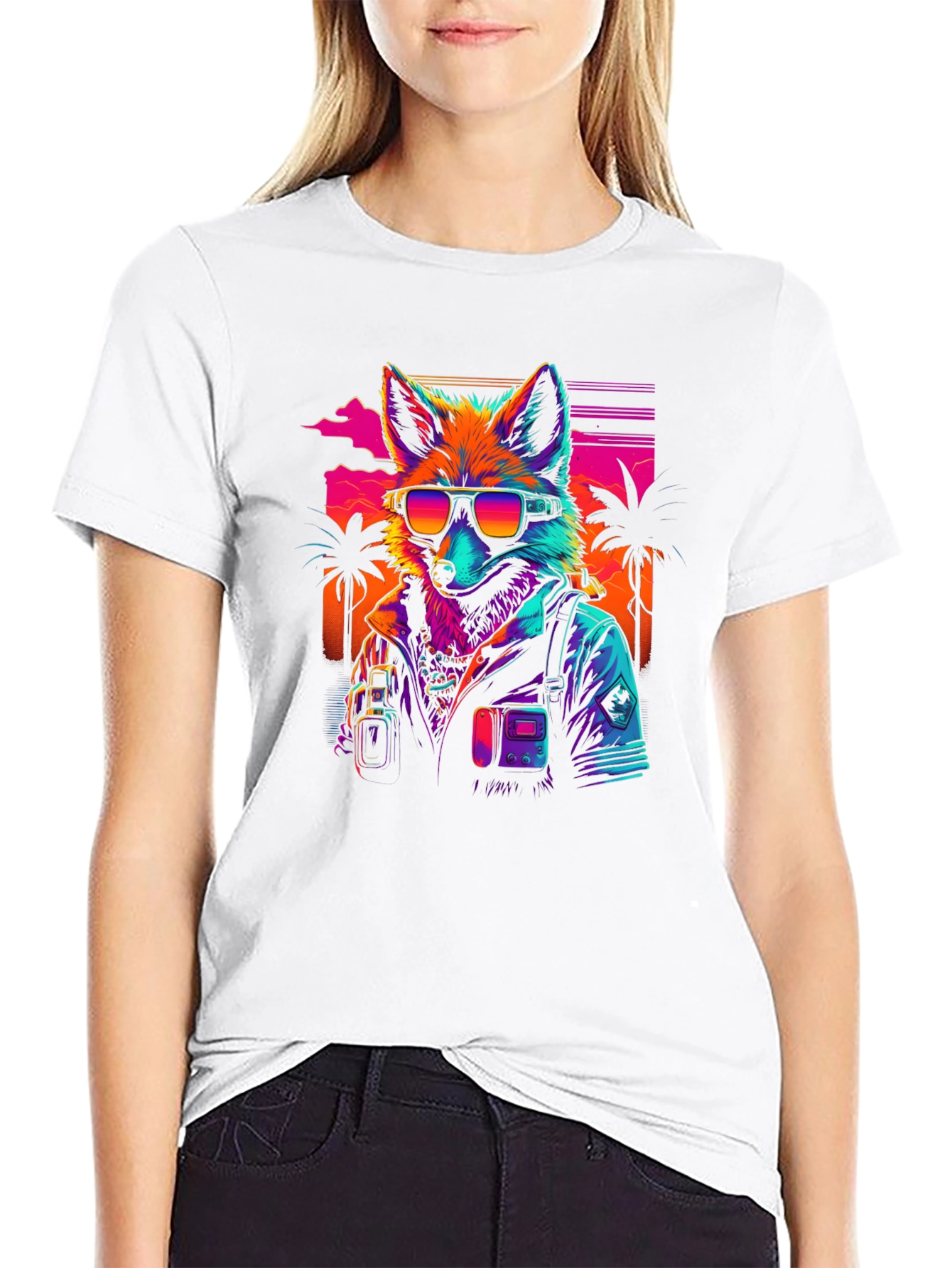 Black Retro Fox T-Shirt - Synthwave Style view 9