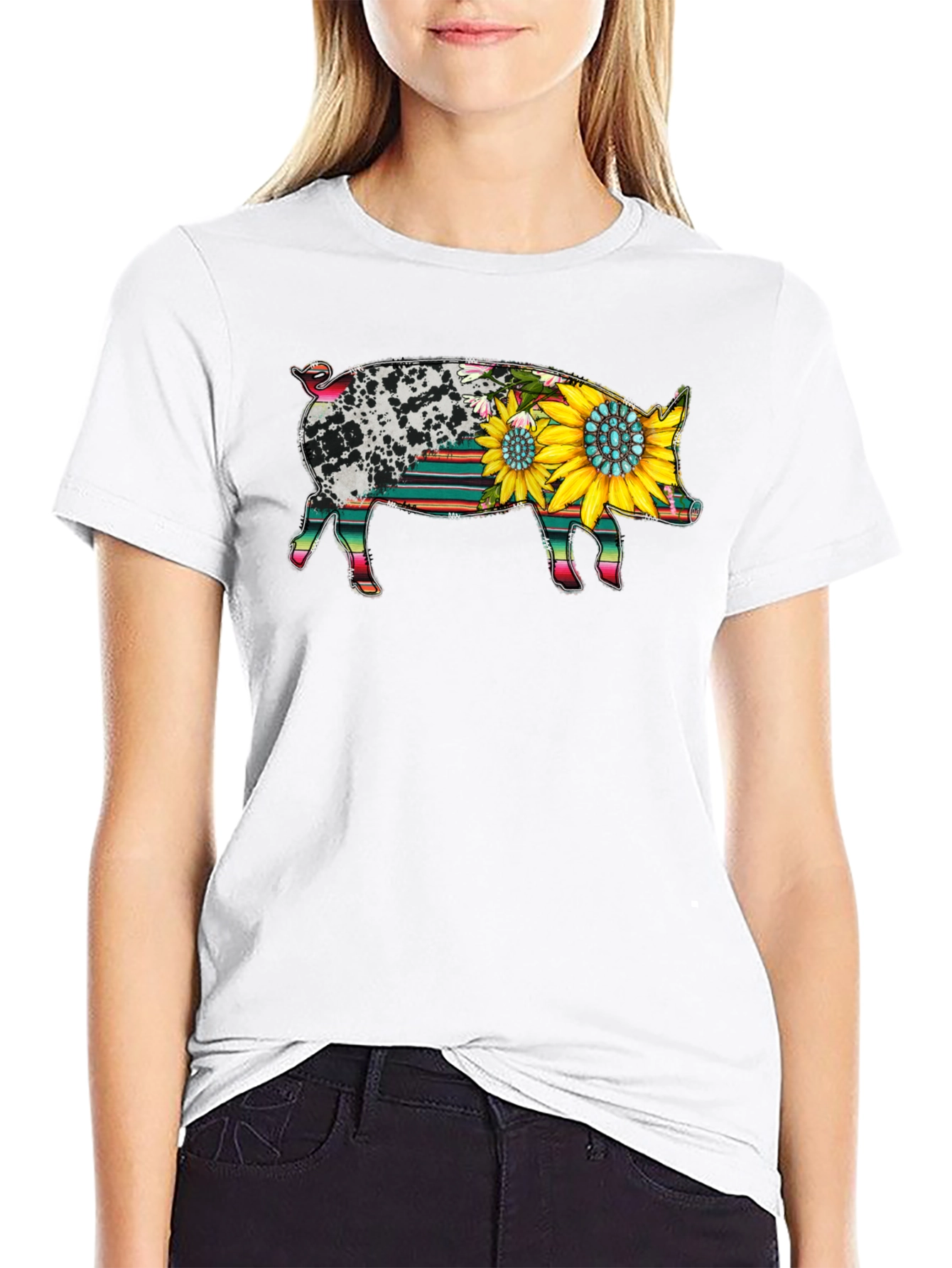Black Sunflower Pig Graphic Tee view 9