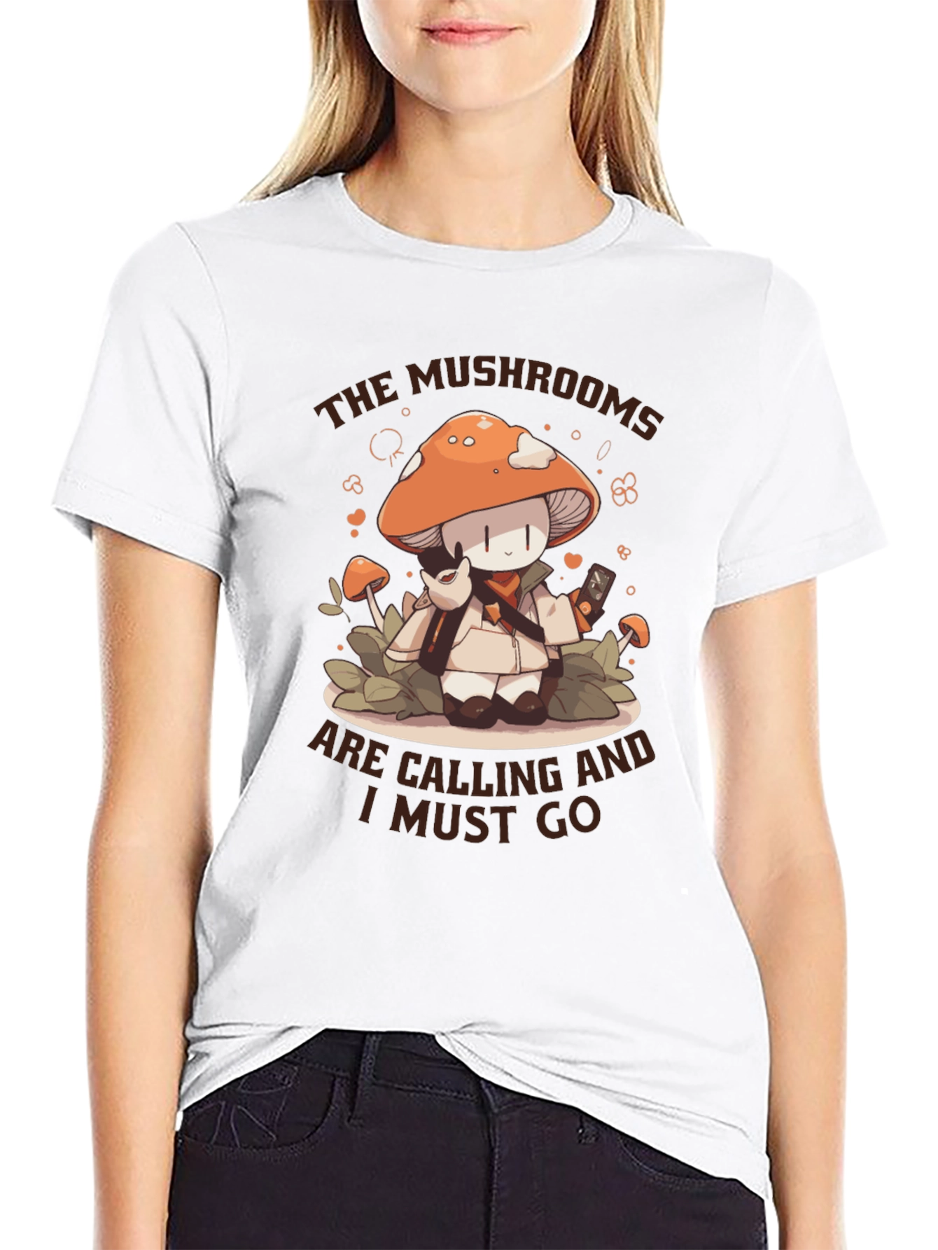 Black Mushroom Calling T-Shirt -  Cute Cartoon Graphic Tee view 9