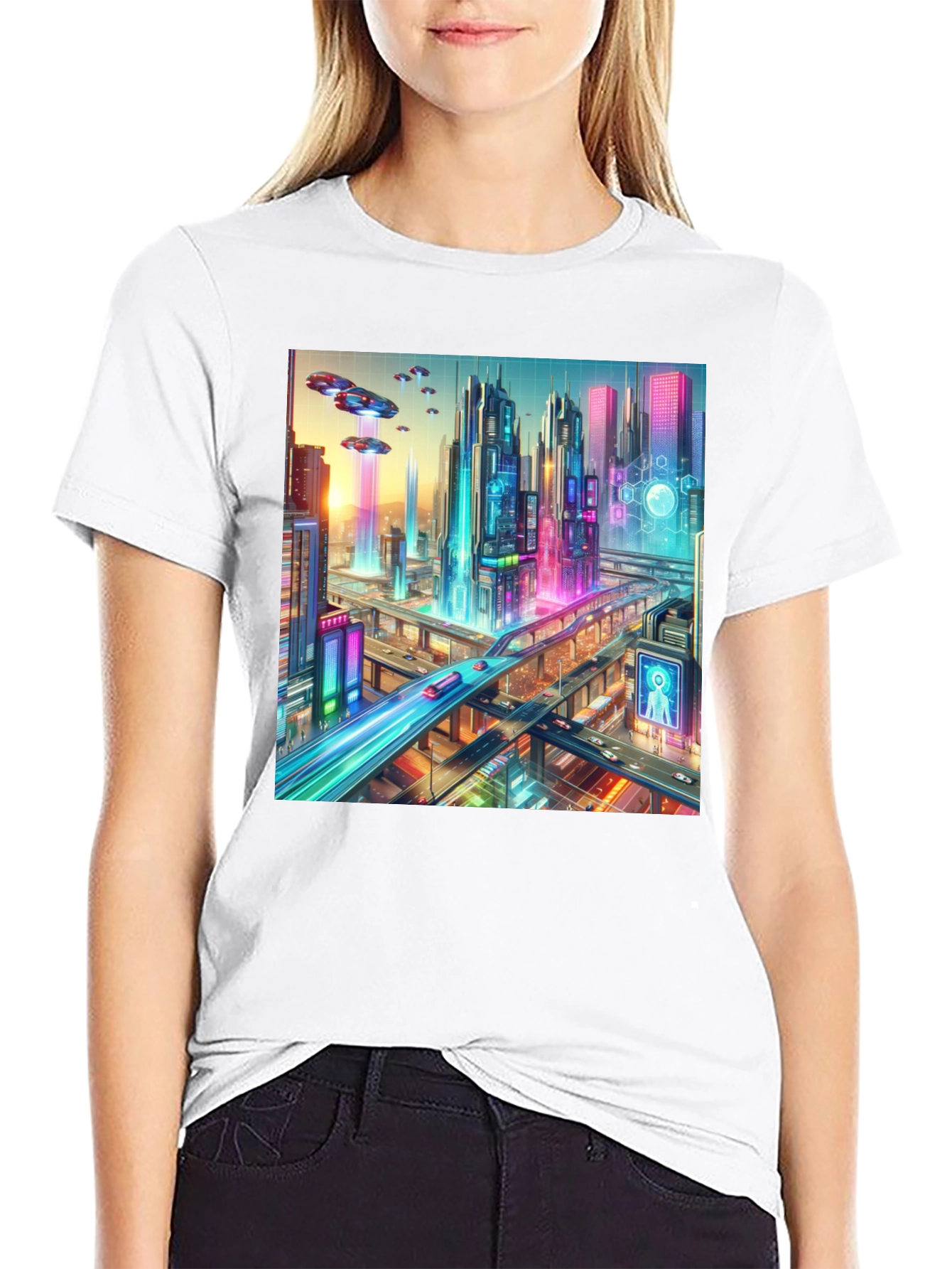 Black Futuristic Cityscape Graphic Tee - Black view 9