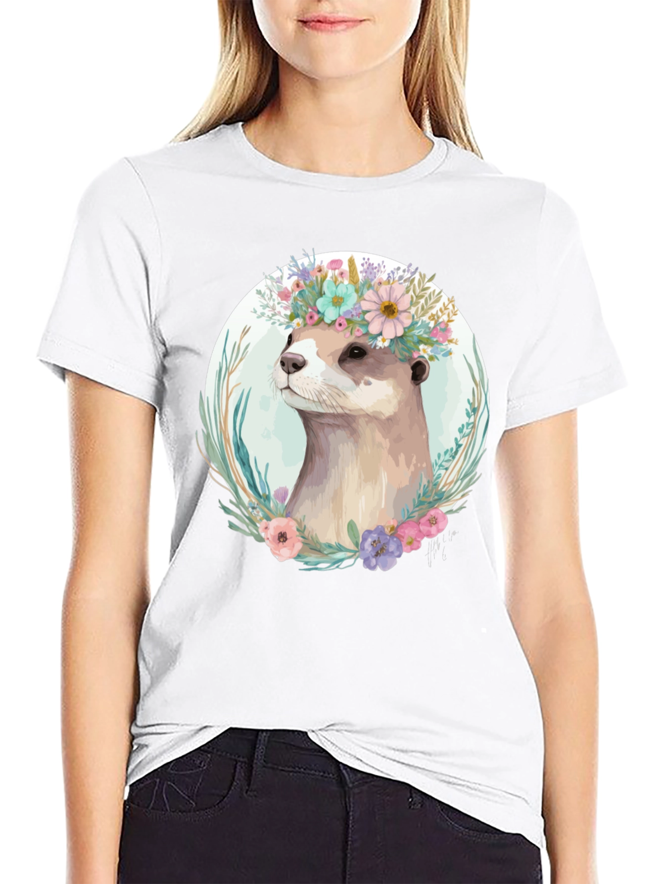 Black Otter Floral Crown T-Shirt - Stylish Animal Tee view 9