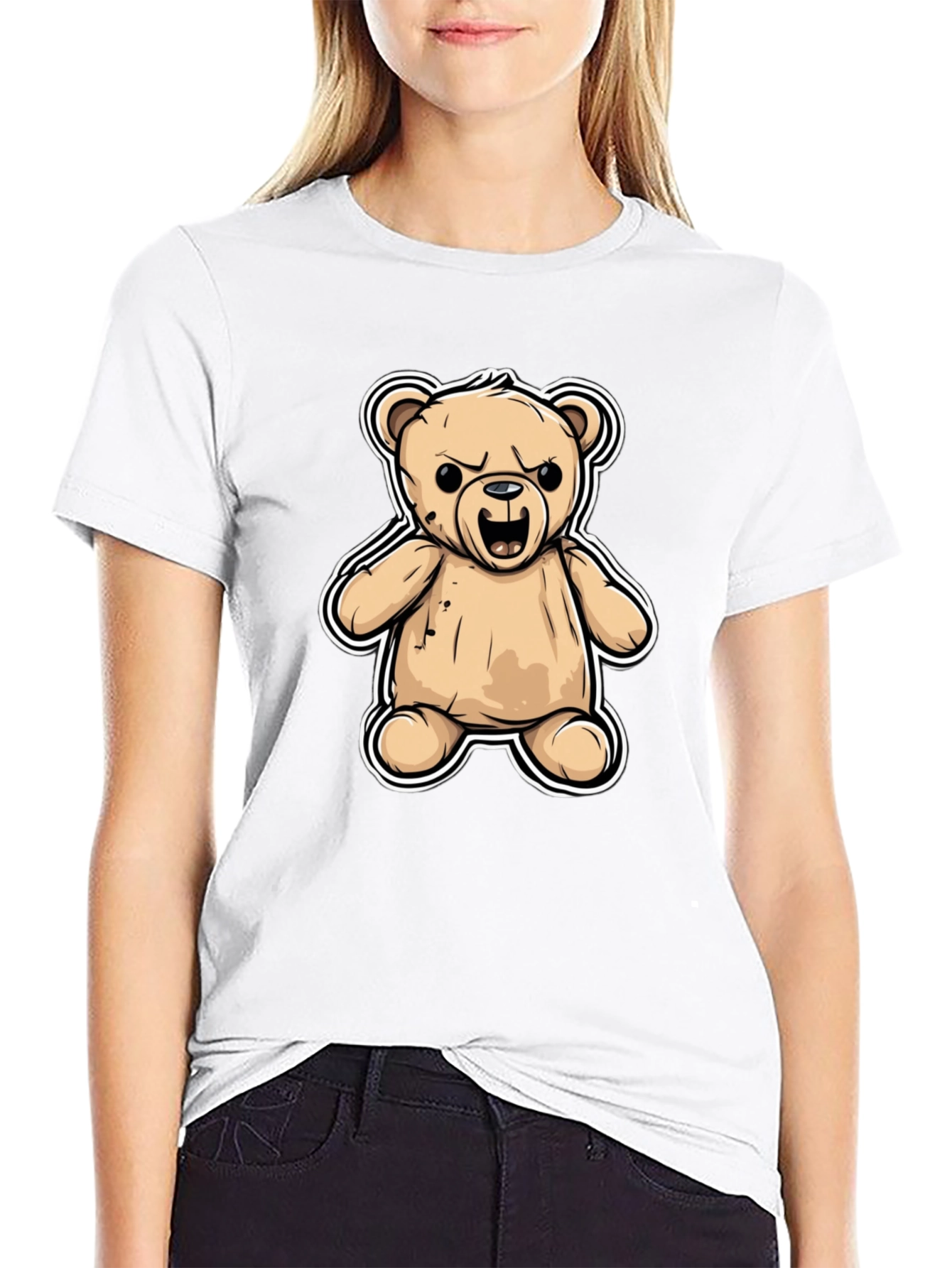 Black Men's Black T-Shirt with Cartoon Angry Teddy Bear Design view 9