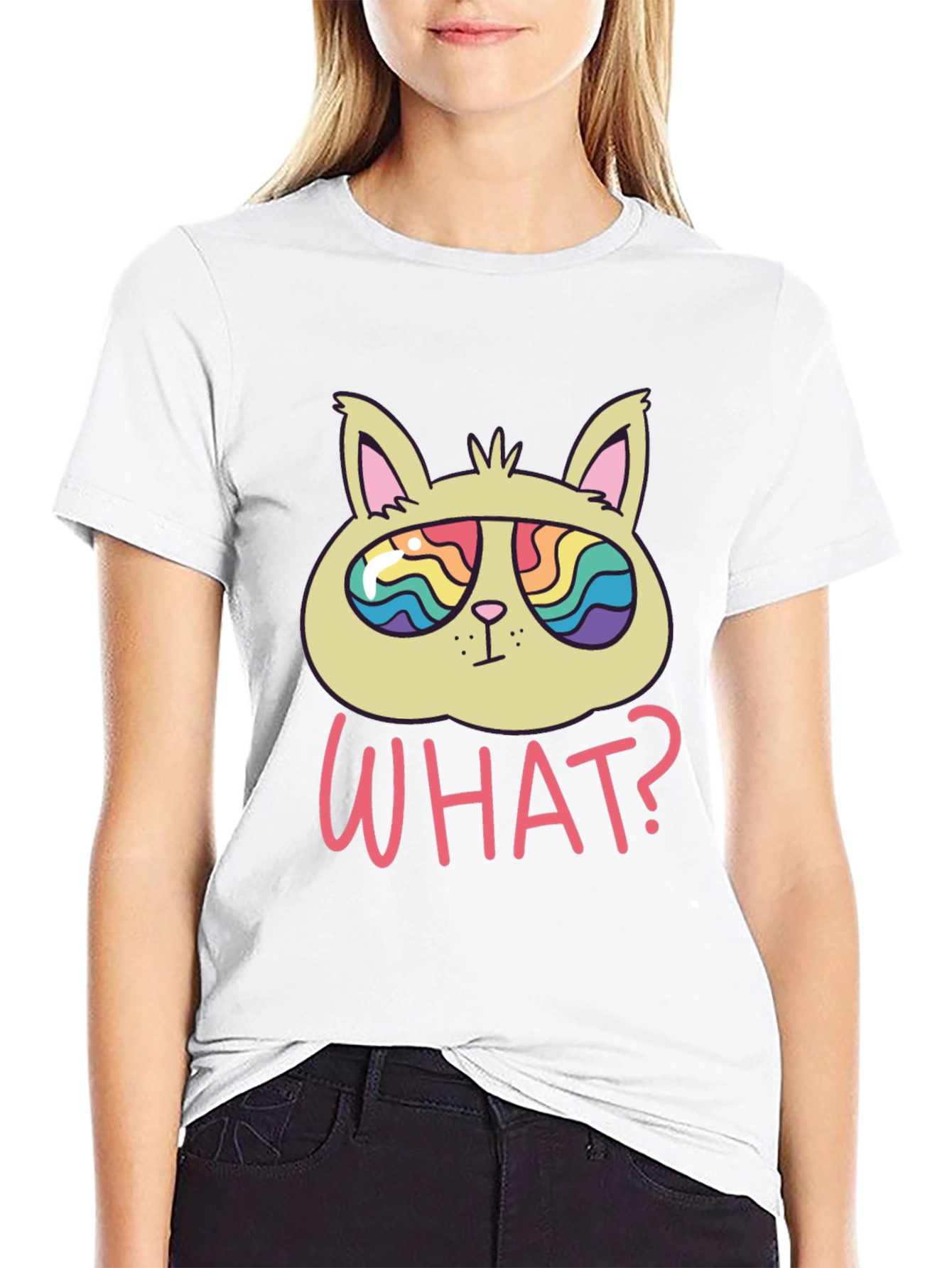 Black Funny Cat T-Shirt - What? Rainbow Sunglasses view 9