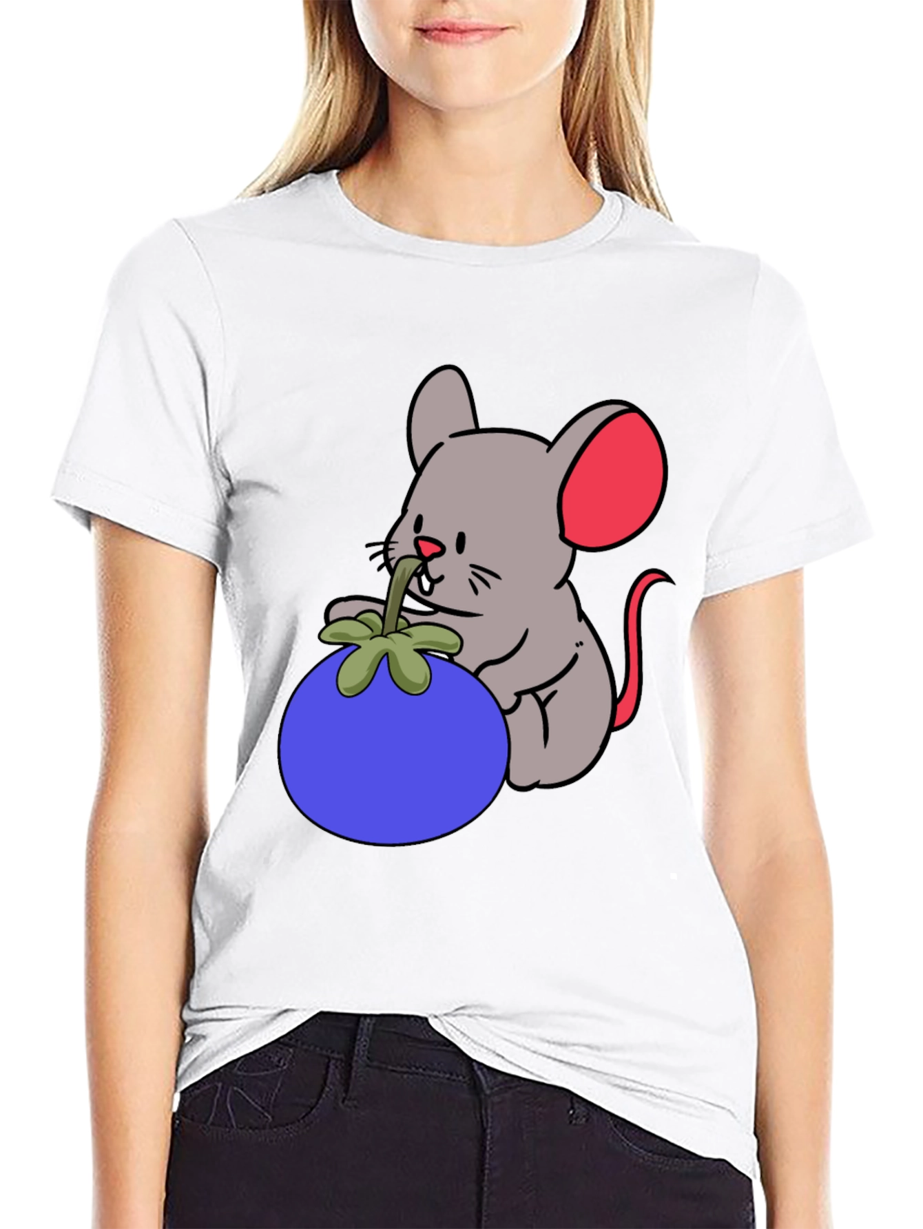 Black Cartoon Mouse & Berry Graphic Black T-Shirt view 9