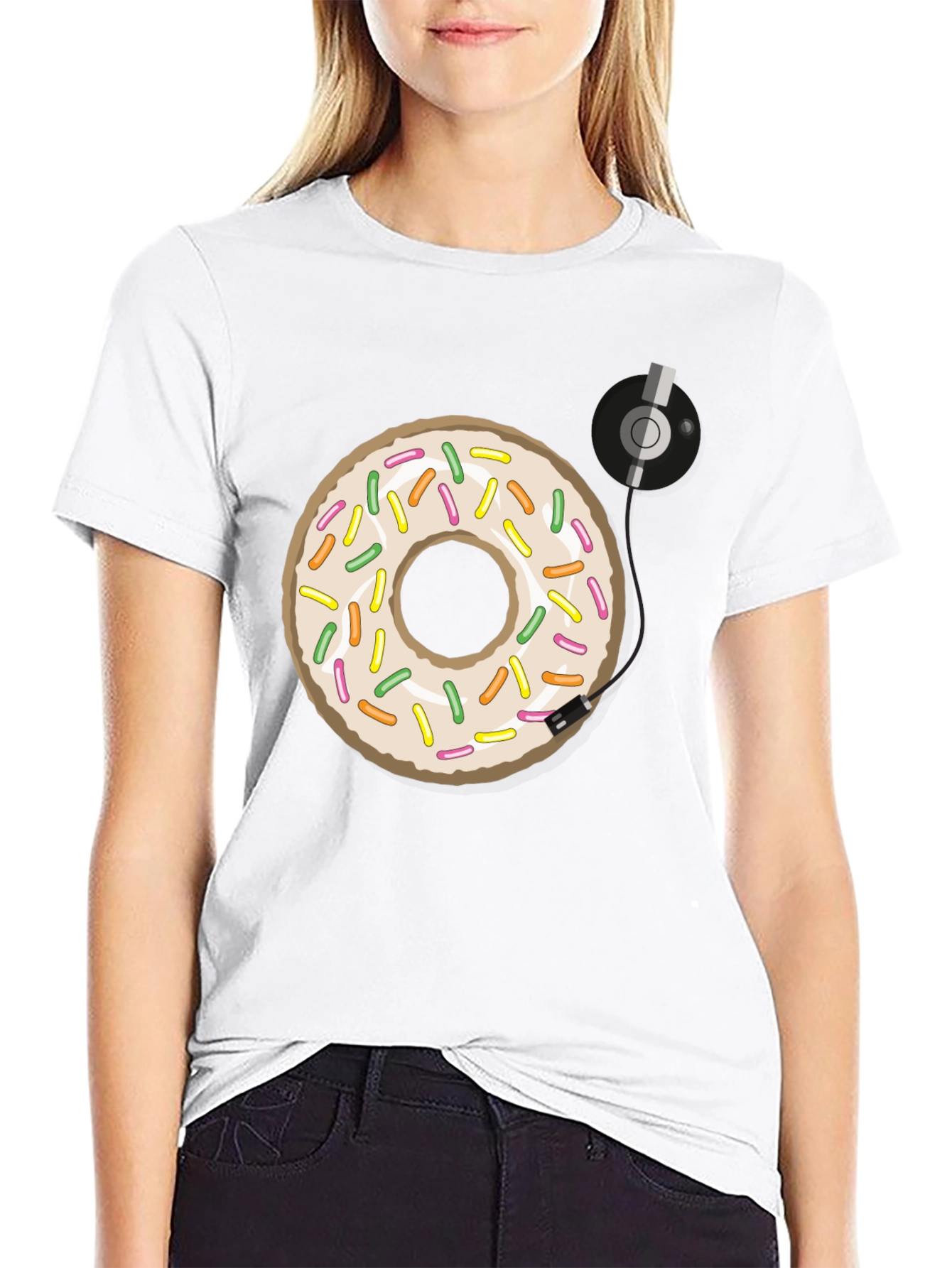 Black Donut Turntable Graphic Tee - Sweet & Groovy Style view 9
