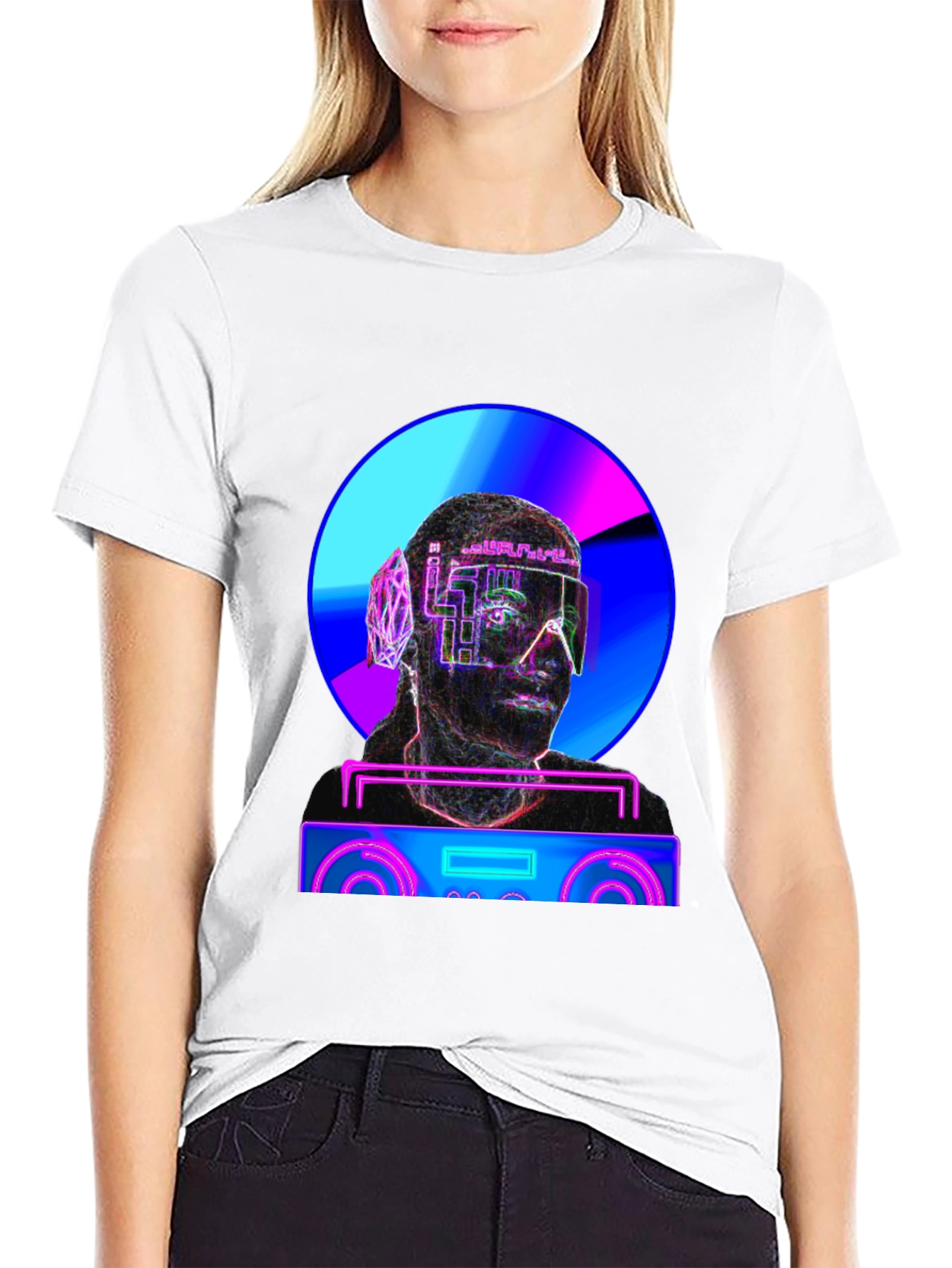 Black Cyberpunk DJ T-Shirt - Futuristic Neon Design view 9