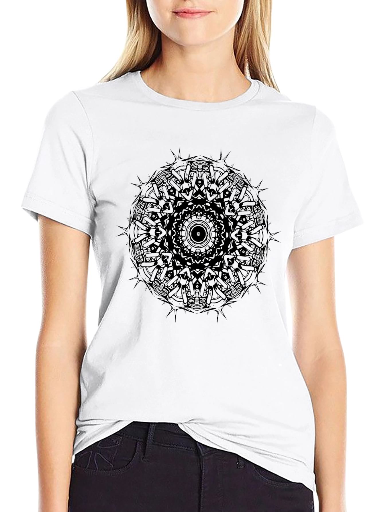 Black Black Mandala Print Crew Neck T-Shirt view 9