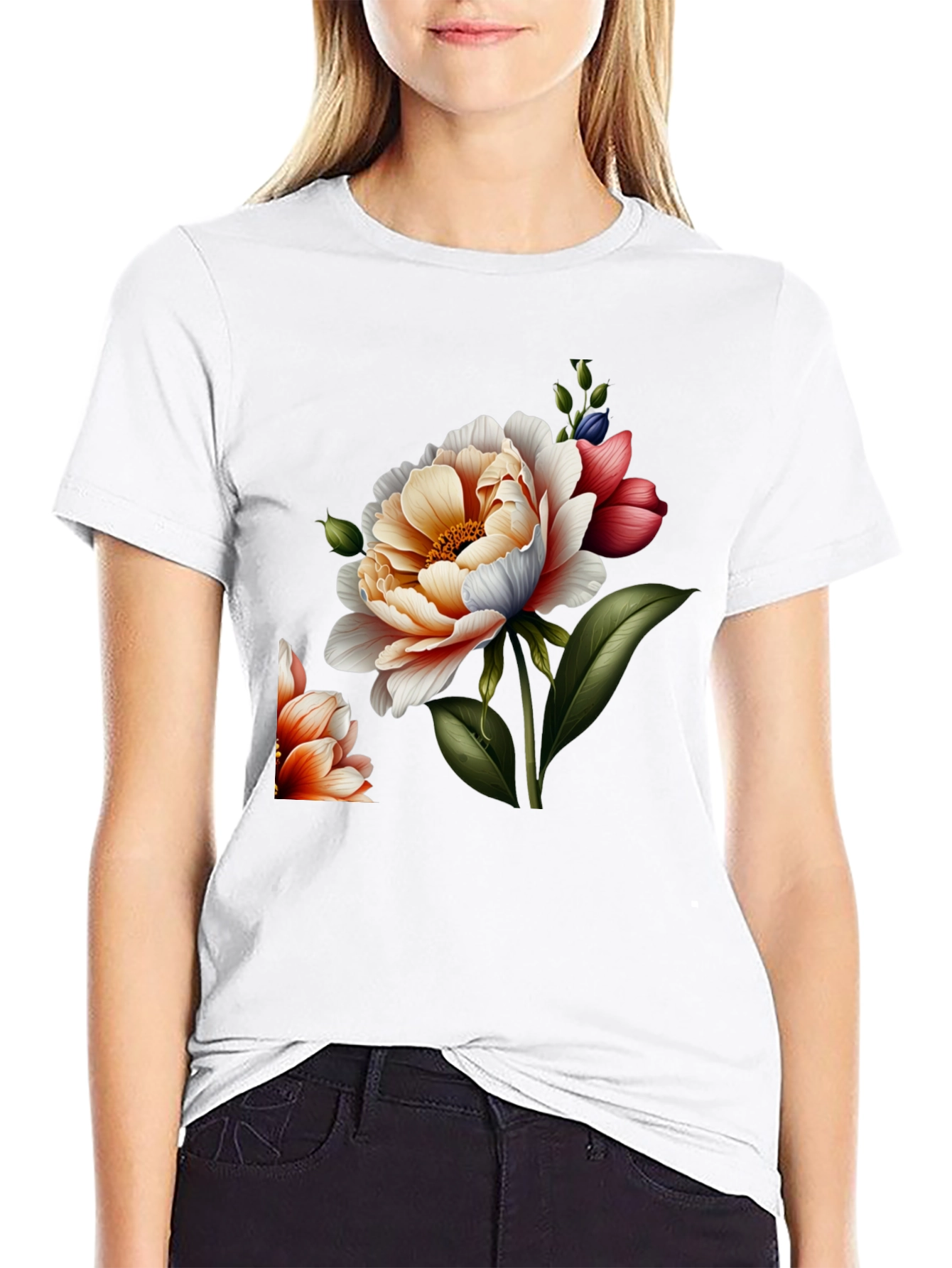 Black Floral Graphic Print Crew Neck Tee - Black view 9