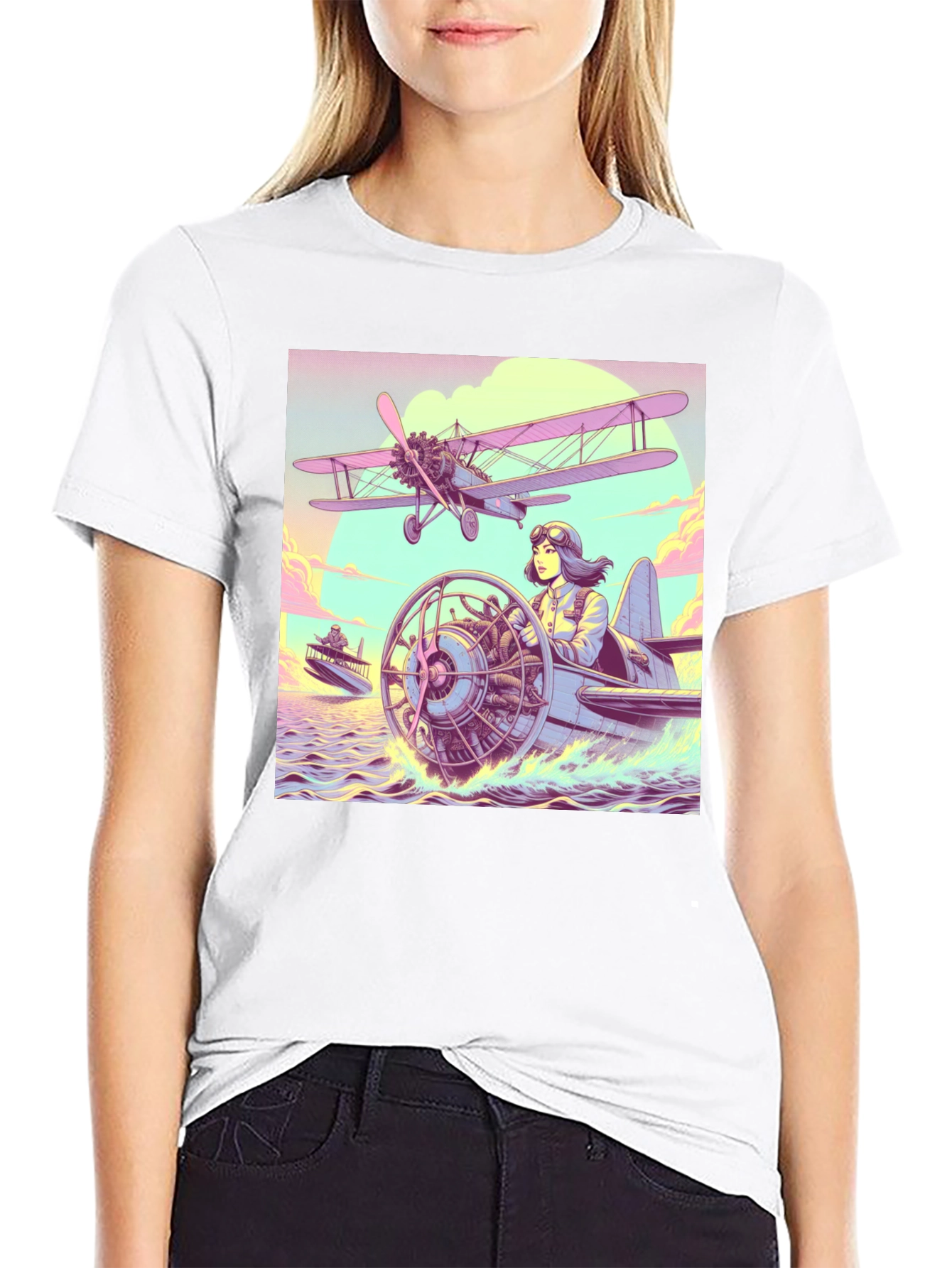 Black Retro Aviation T-Shirt - Pilot in Seaplane Design view 9