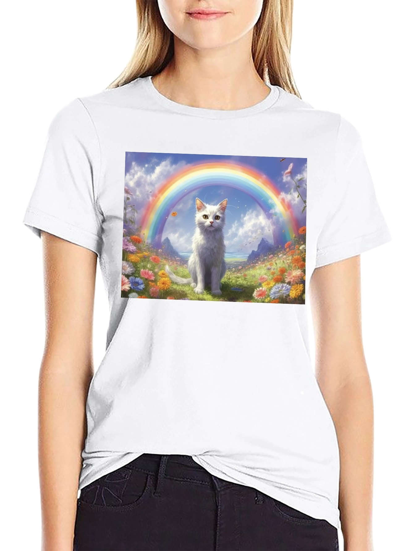Black Cat Rainbow Field T-Shirt - Unique Design view 9