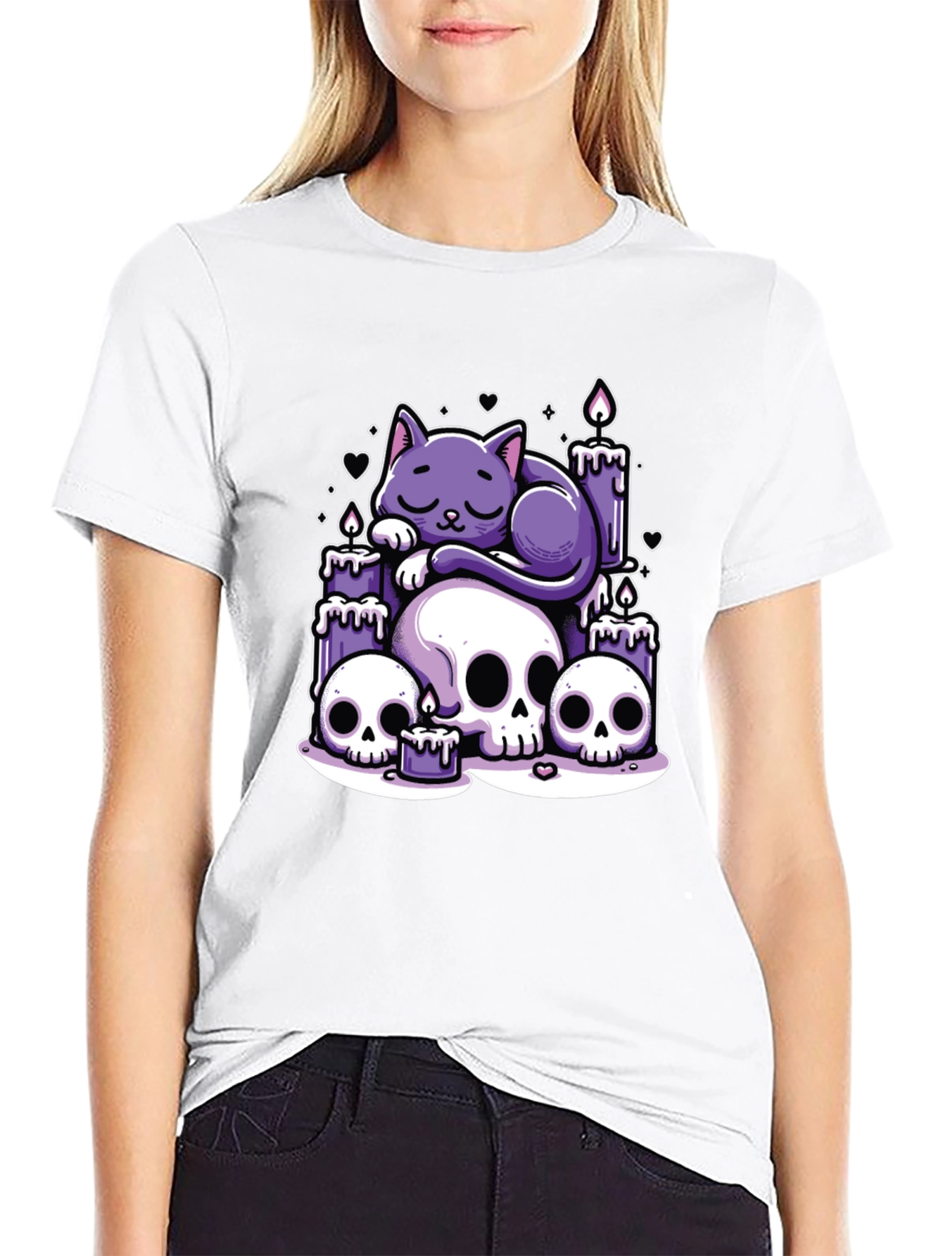 Black Gothic Cat Skull Candle Graphic Tee view 9
