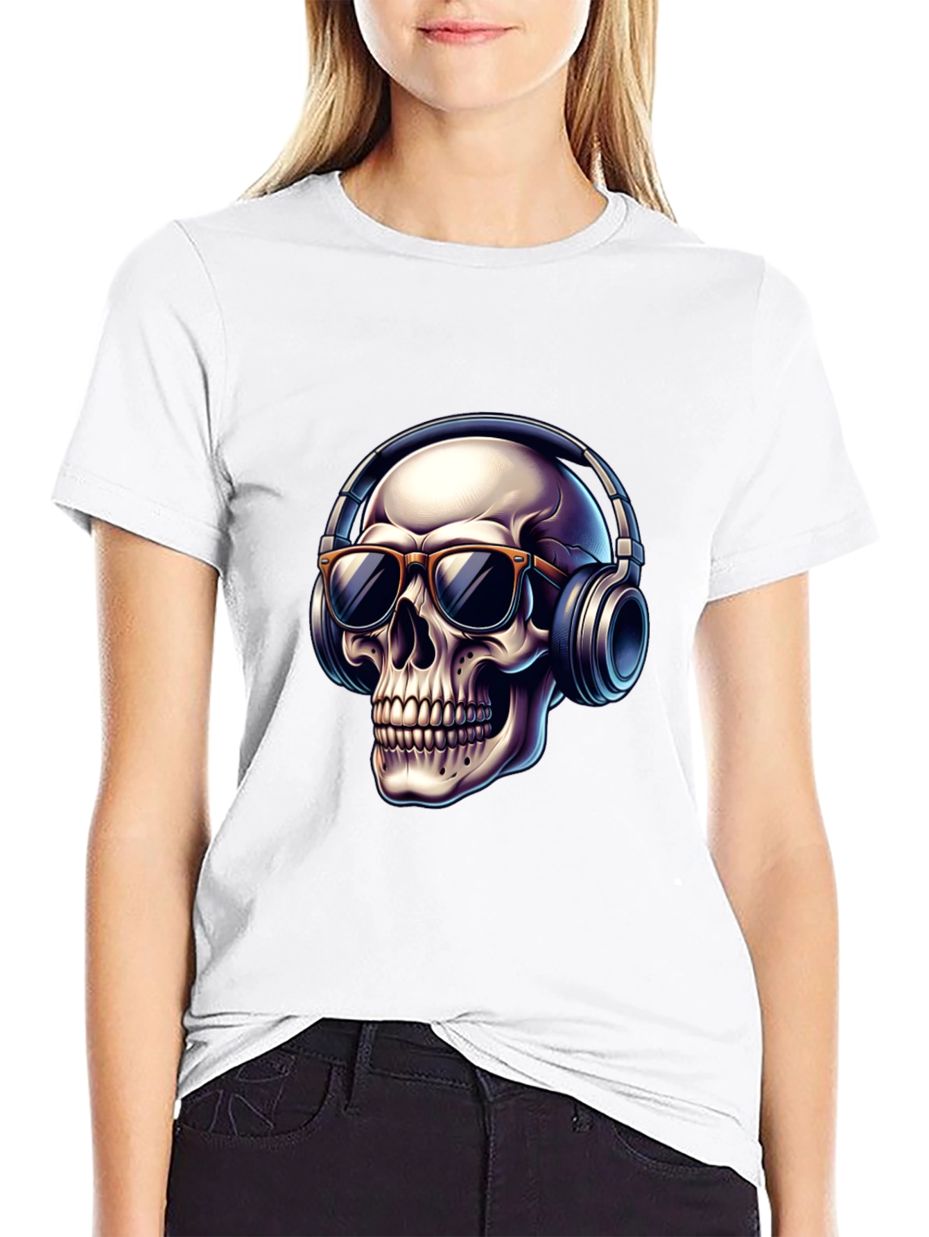 Black Skull with Headphones Graphic T-Shirt - Cool Design view 9