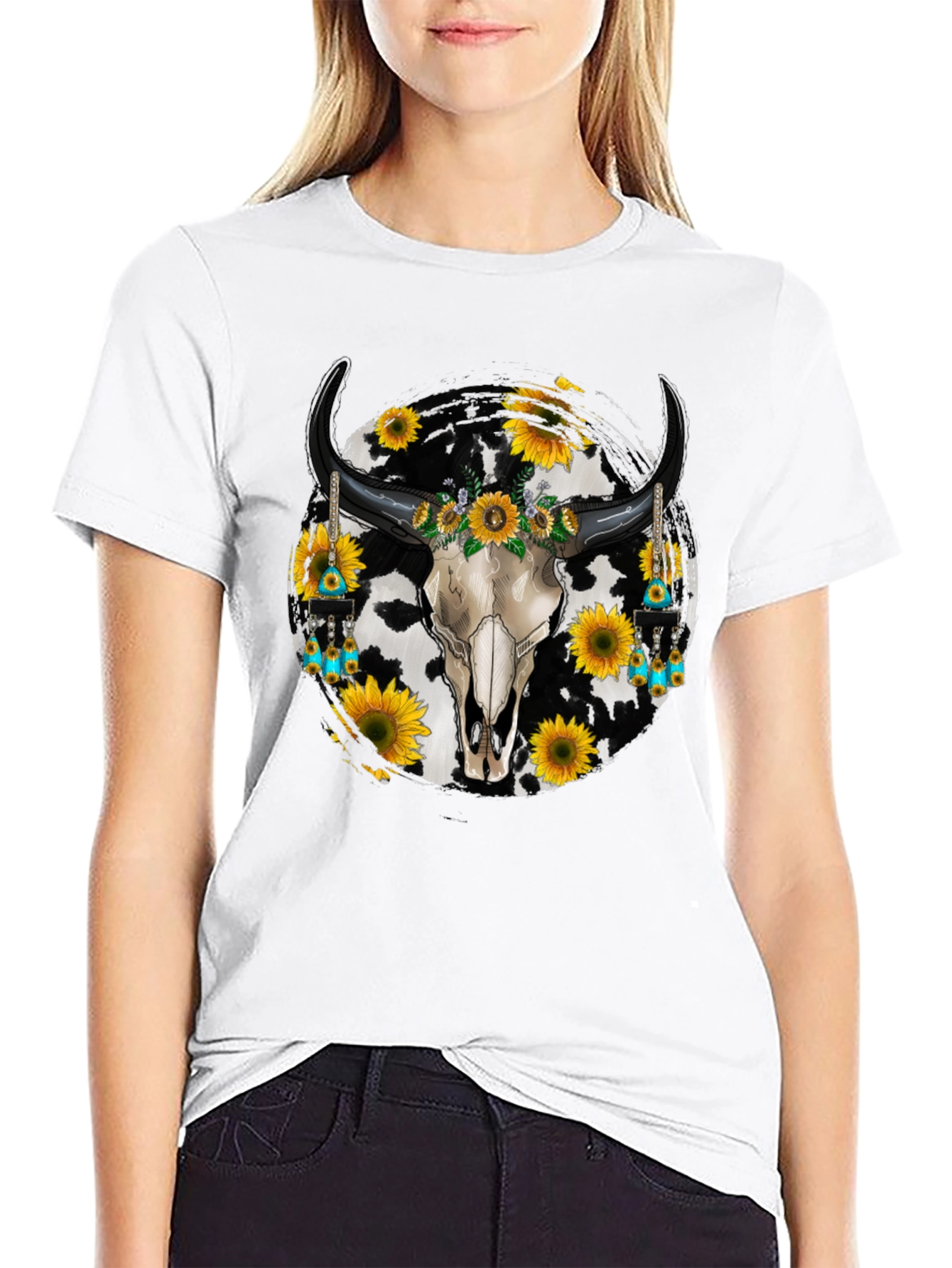 Black Cow Skull Sunflower Graphic Tee view 9