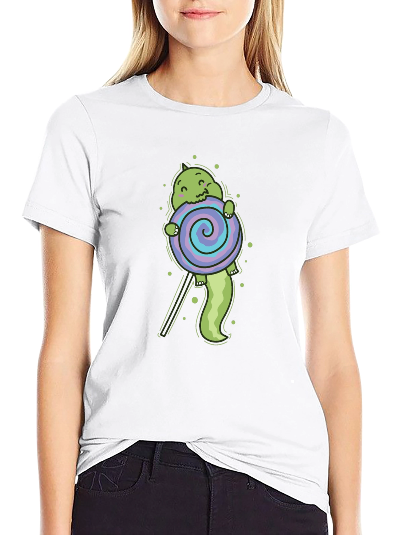 Black Cartoon Dinosaur Lollipop Graphic T-Shirt view 9