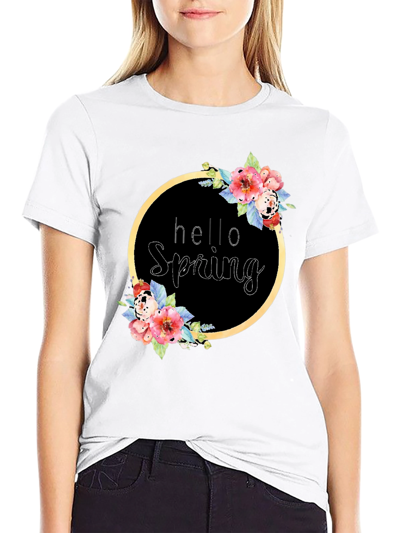 Black Hello Spring Floral Wreath T-Shirt view 9