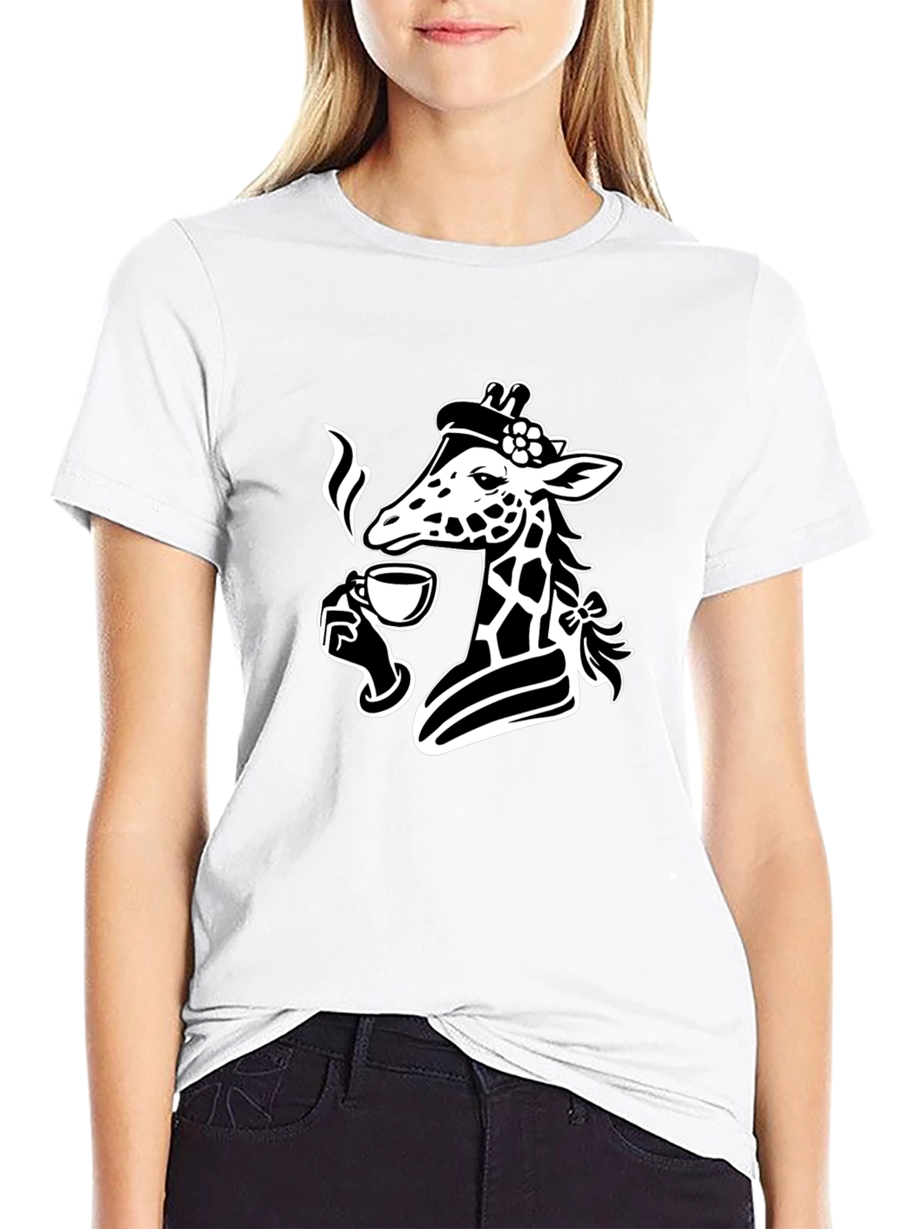 Black Giraffe Sipping Tea Black T-Shirt - Unique Graphic Tee view 9