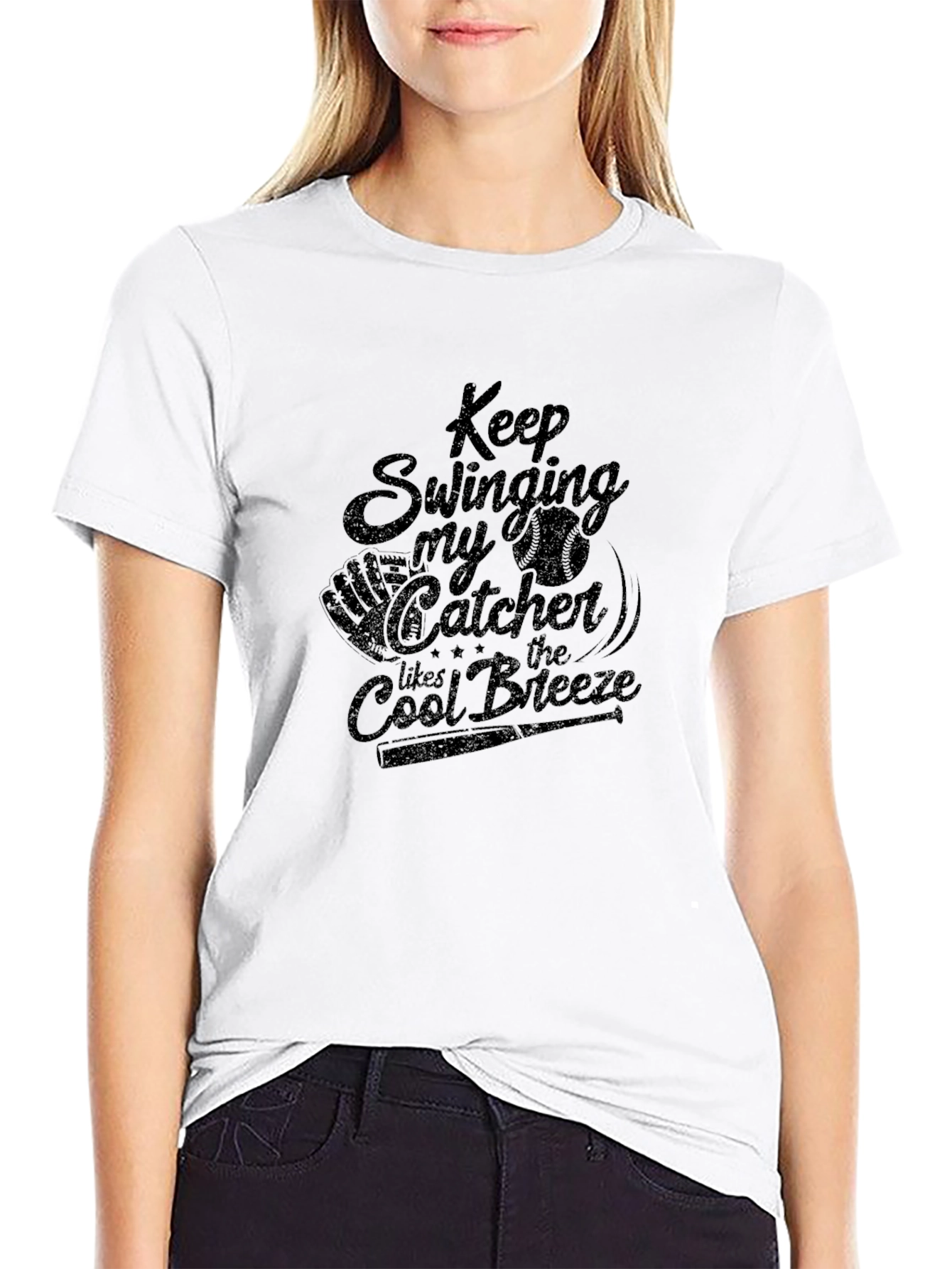 Black Keep Swinging Catcher Graphic T-Shirt view 9