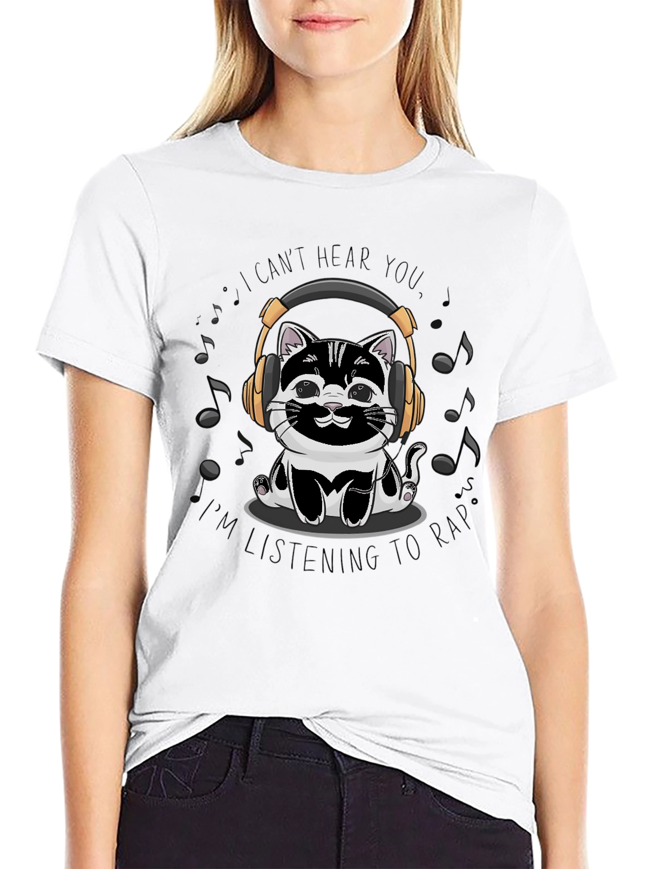 Black Cat Headphones T-Shirt - I Can't Hear You, Listening to Rap view 9
