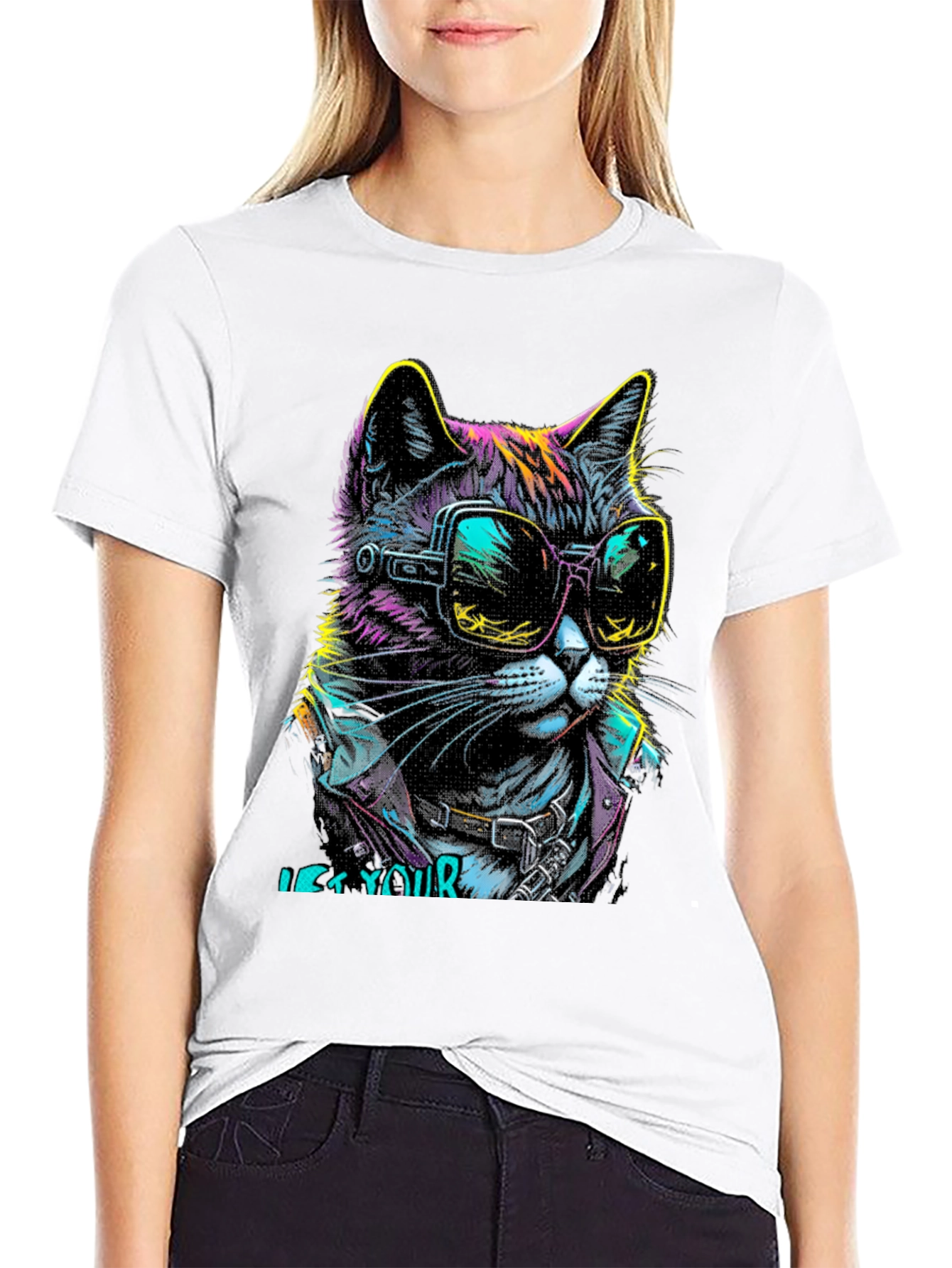 Black Cool Cat Graphic T-Shirt - Unique Neon Design view 9