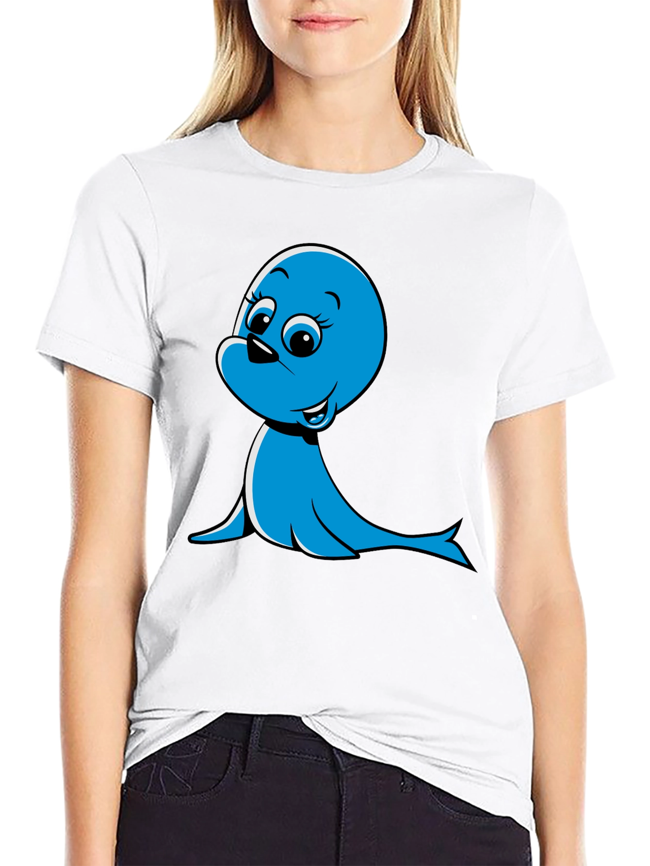 Black Blue Cartoon Seal Graphic T-Shirt view 9