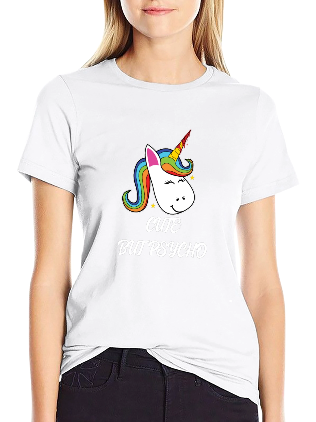 Black Cute But Psycho Unicorn Black Graphic T-Shirt view 9