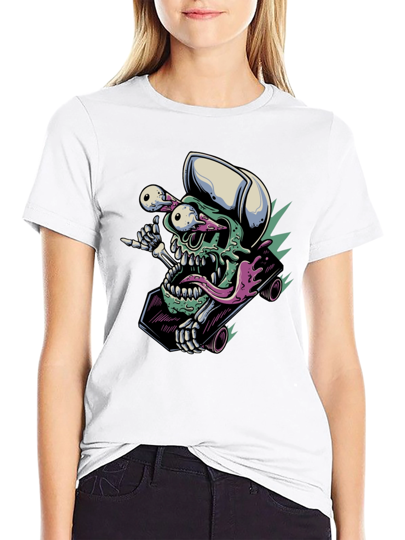 Black Skateboarding Skull T-Shirt - Unique Graphic Tee view 9